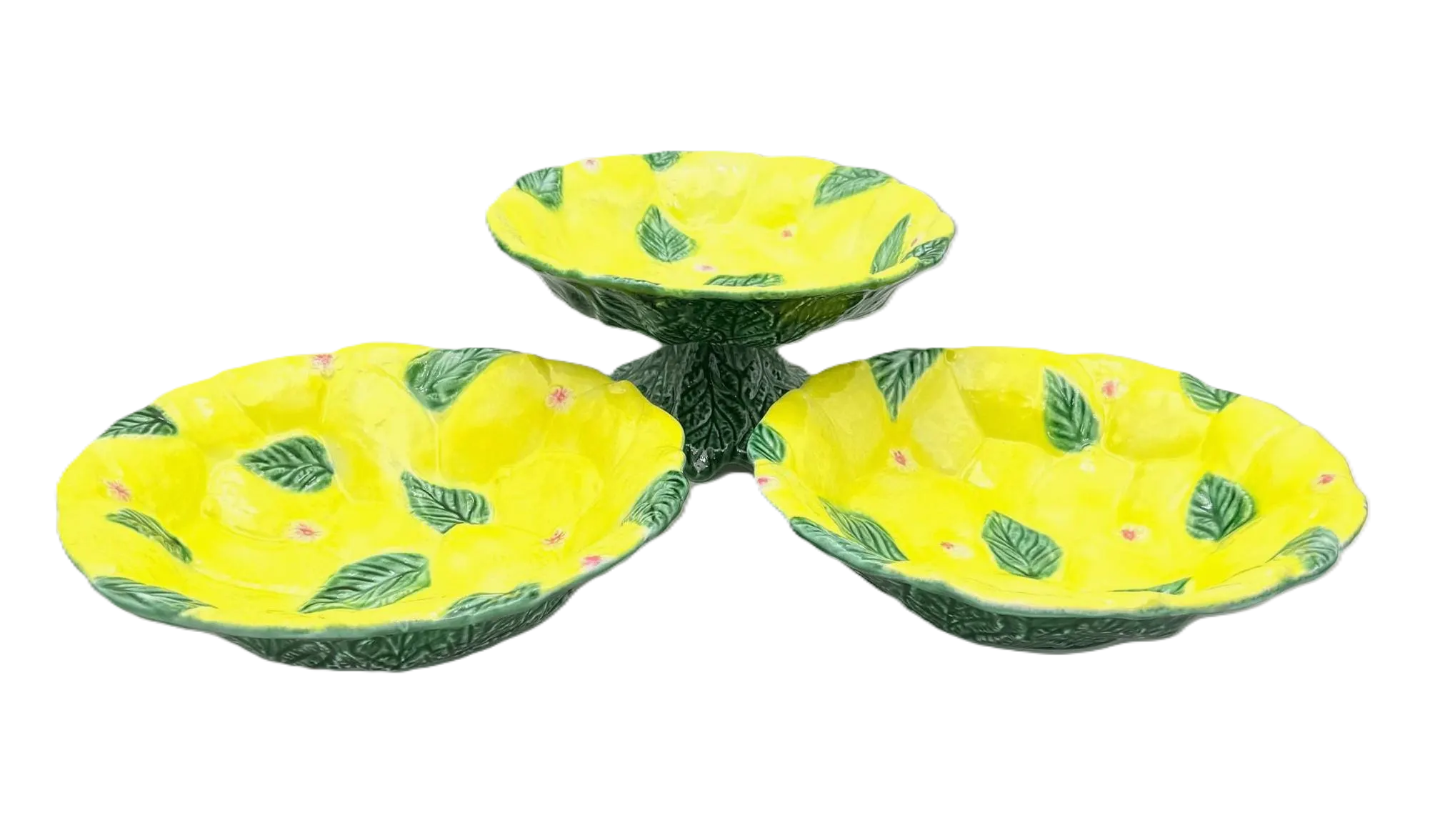 VINTAGE ITALICA ARS ITALIAN MAJOLICA LEMON 3-PIECE SERVING BOWL SET WITH PEDESTAL CENTERPIECE