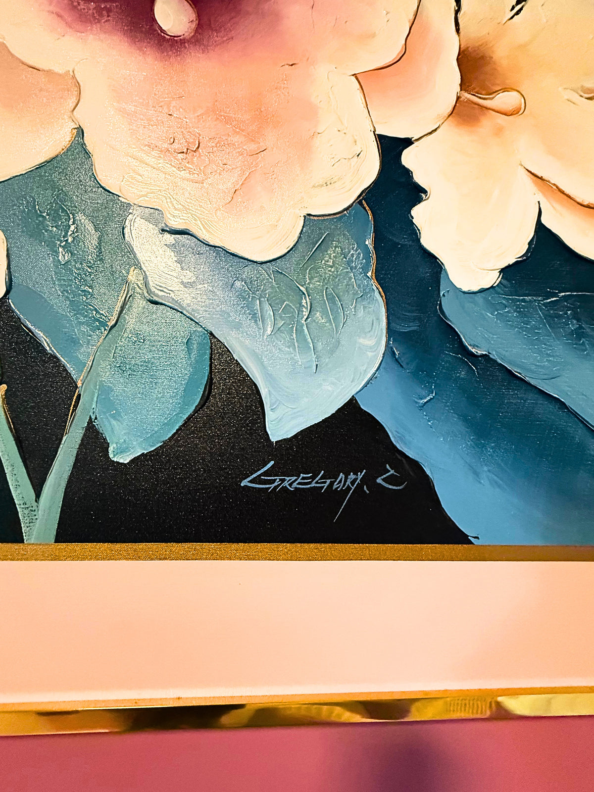 Gregory C. Oversized Textured Floral Painting Signed Gregory C. Circa 1980s