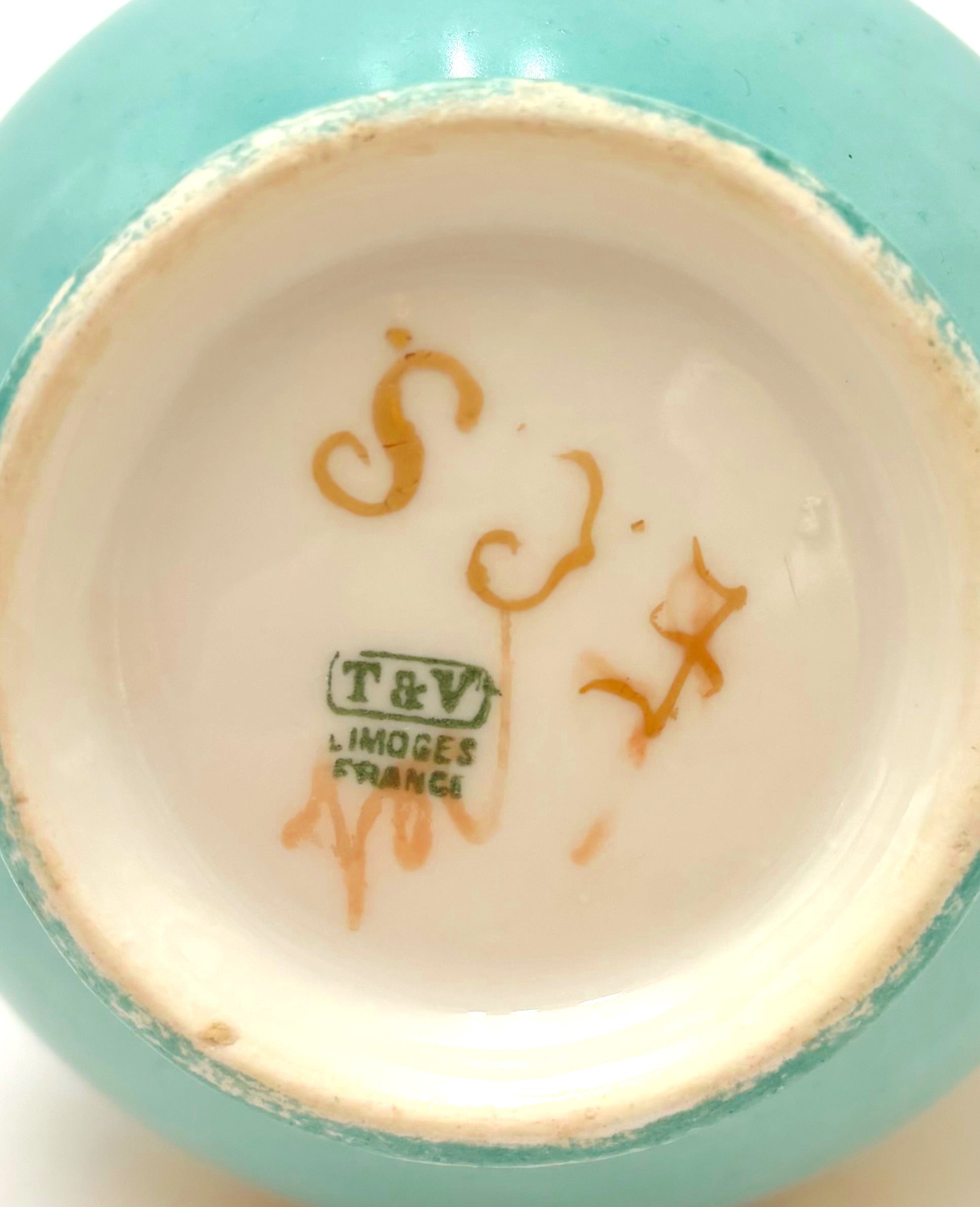 ANTIQUE T&V LIMOGES CAT CREAMER AND SAUCER – TURQUOISE AND GOLD FRENCH PORCELAIN