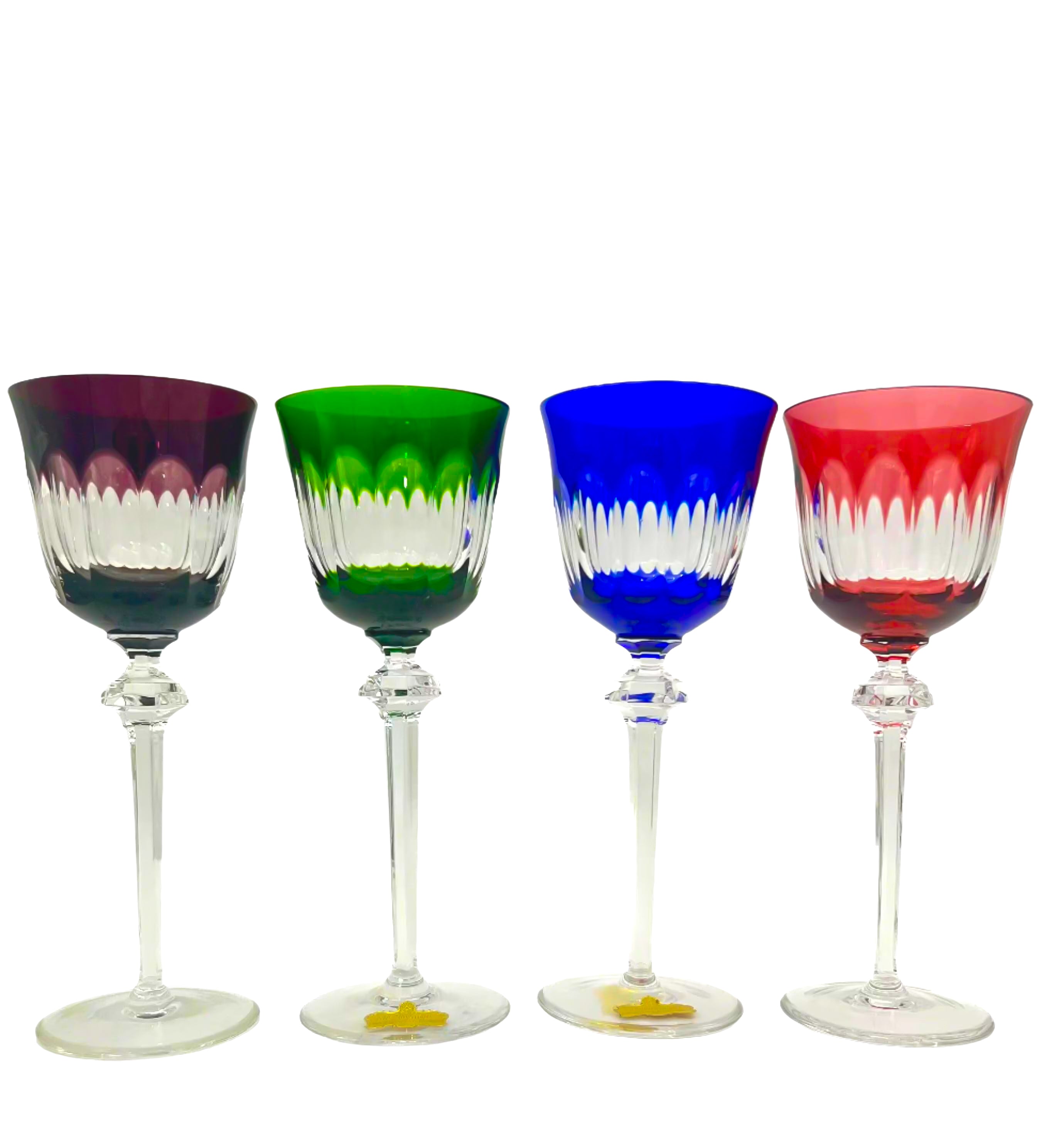 Set of 4 Nachtmann Romer wine glasses in mint condition with colorful cut-to-clear bowls and faceted stems.