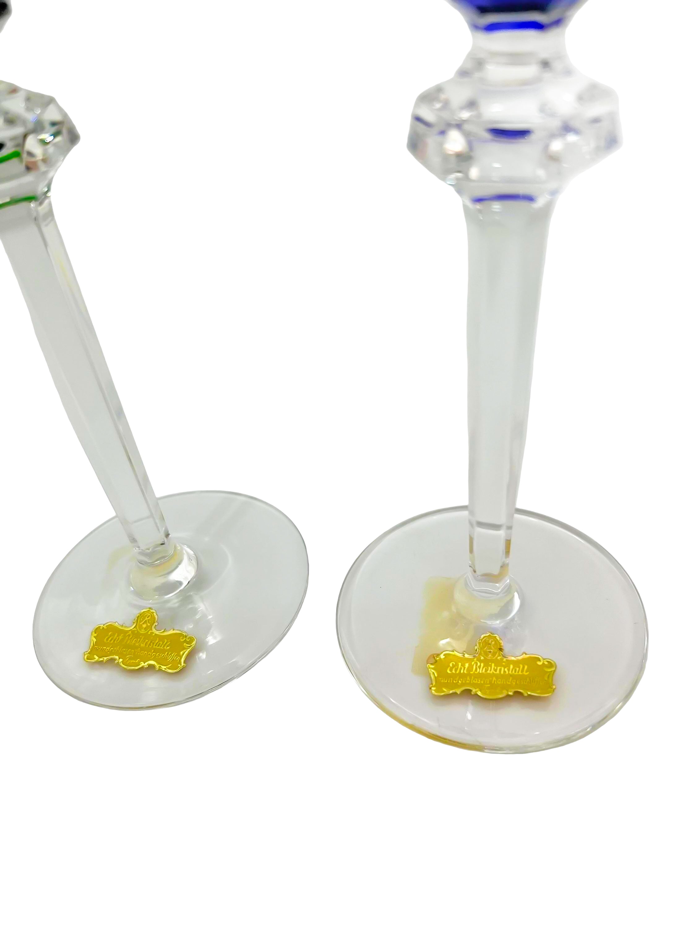 Set of 4 Nachtmann Romer wine glasses in mint condition with colorful cut-to-clear bowls and faceted stems.