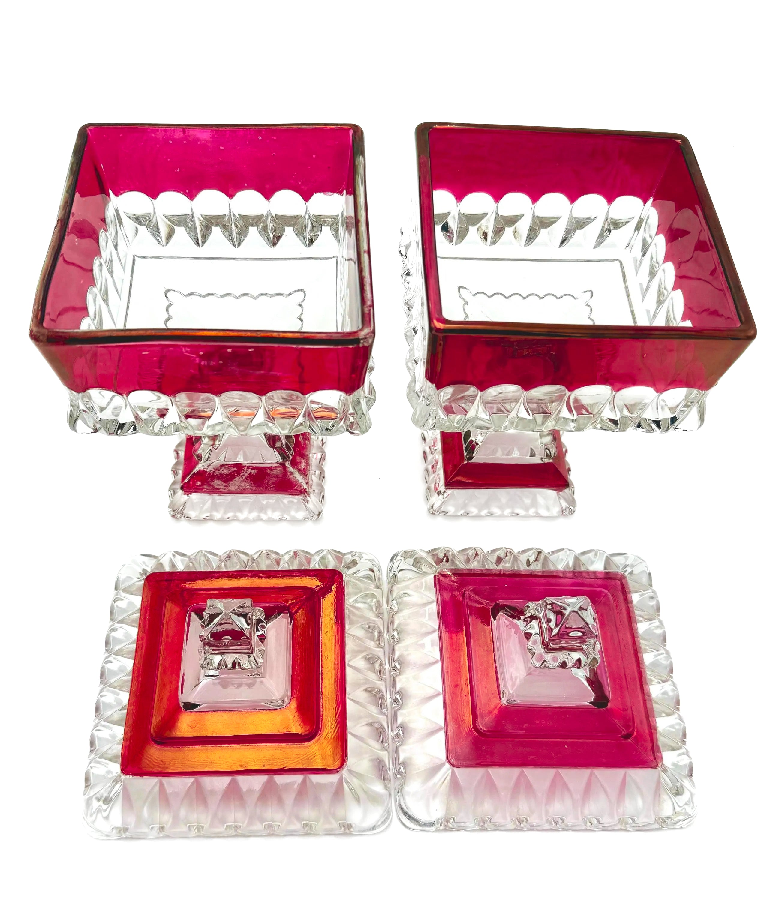 1890s Victorian ruby-stained EAPG pedestal compotes with lids, manufactured by U.S. Glass.