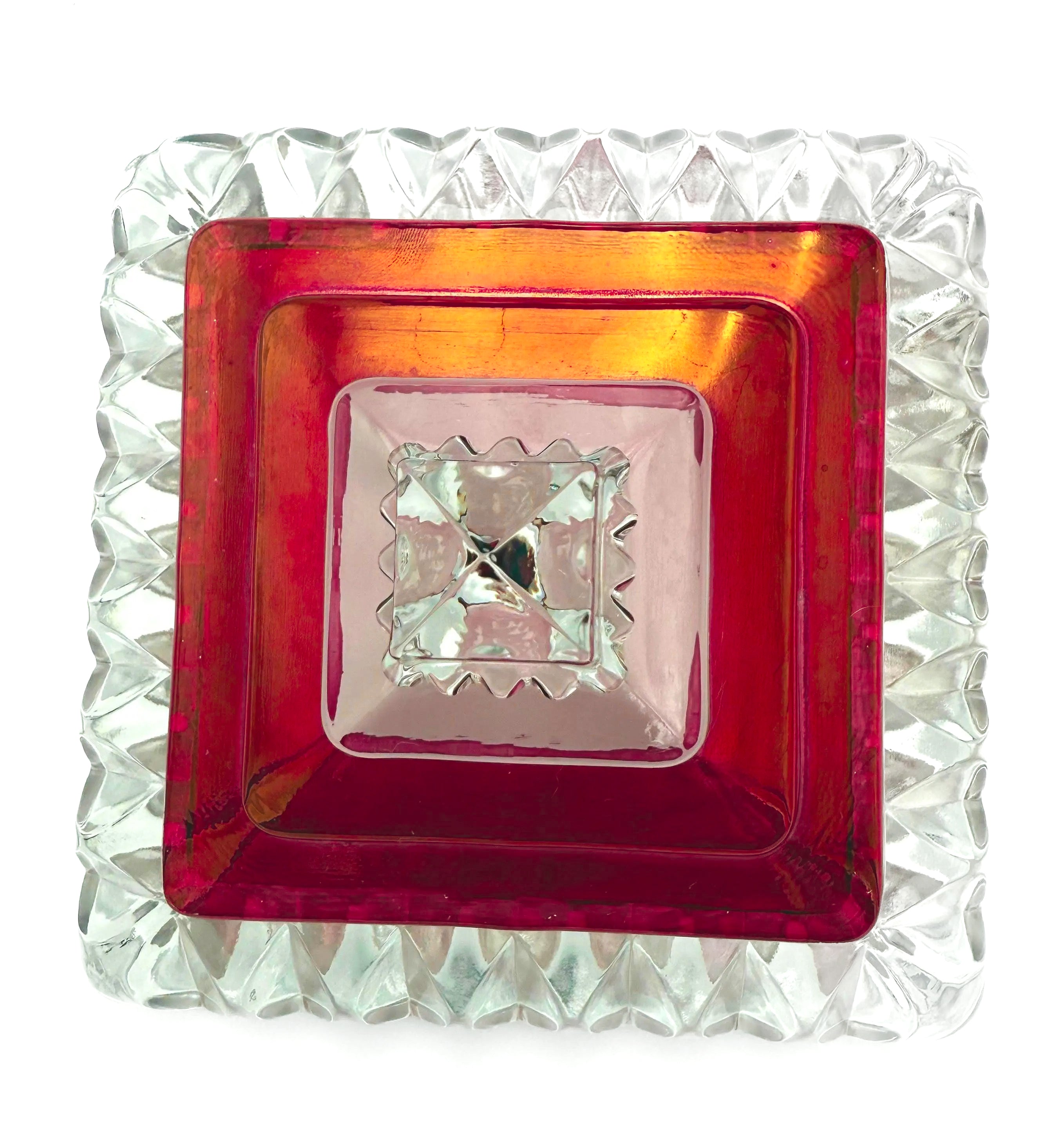 1890s Victorian ruby-stained EAPG pedestal compotes with lids, manufactured by U.S. Glass.