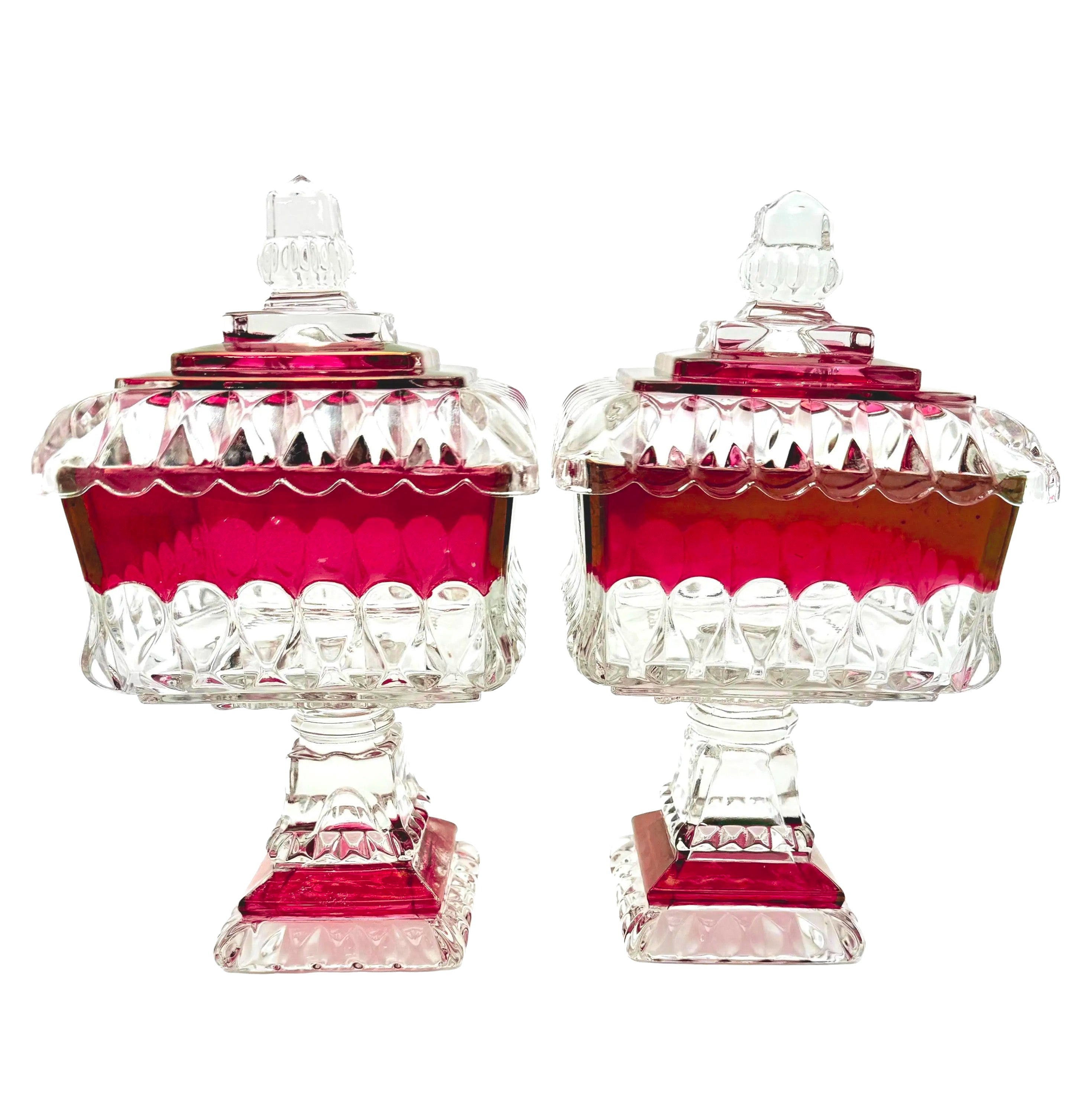 1890s Victorian ruby-stained EAPG pedestal compotes with lids, manufactured by U.S. Glass.