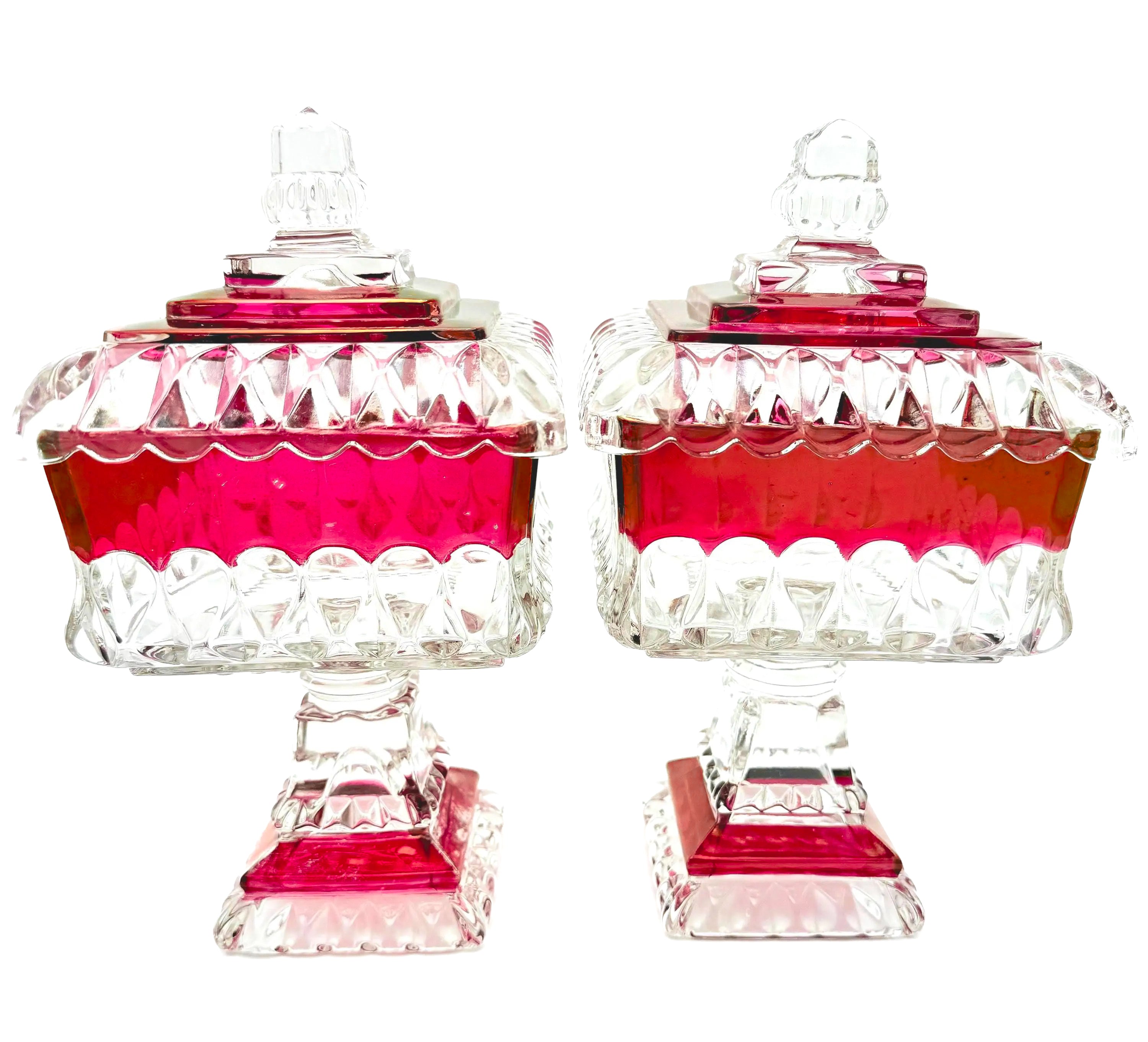 1890s Victorian ruby-stained EAPG pedestal compotes with lids, manufactured by U.S. Glass.