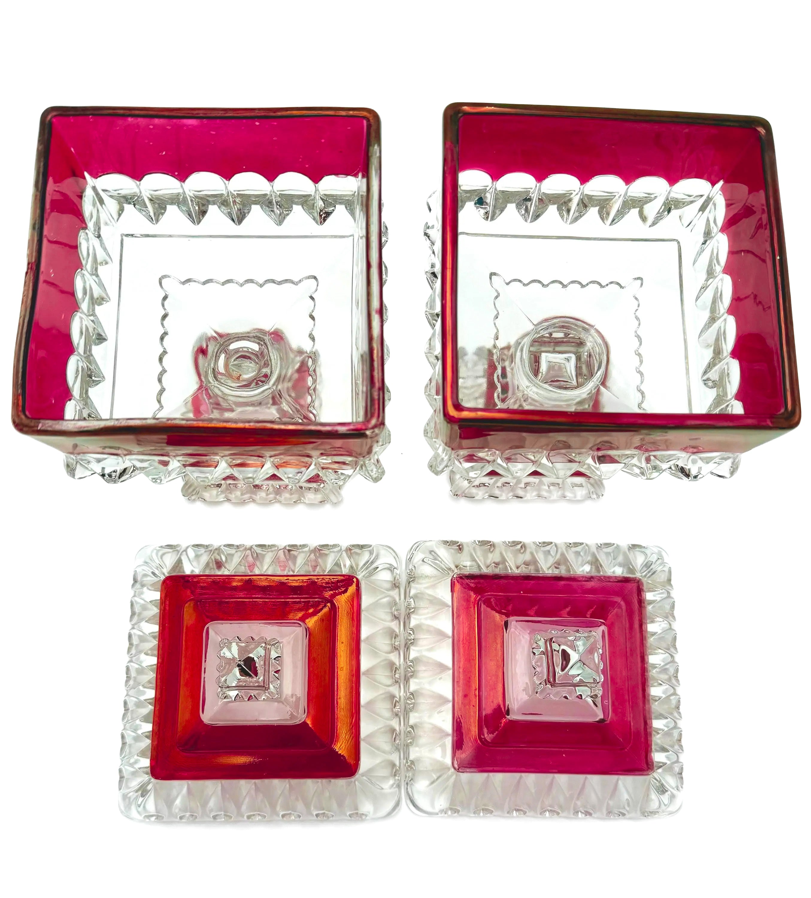 1890s Victorian ruby-stained EAPG pedestal compotes with lids, manufactured by U.S. Glass.