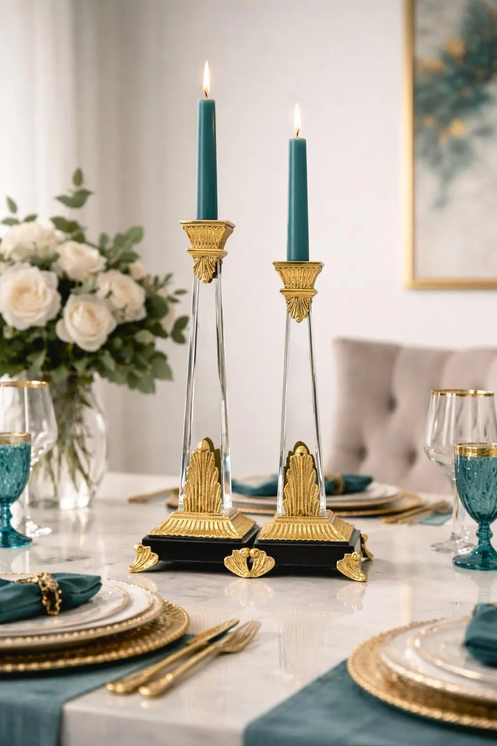 Sleek pair of vintage Art Deco style clear Lucite candlesticks with geometric tiered bases.