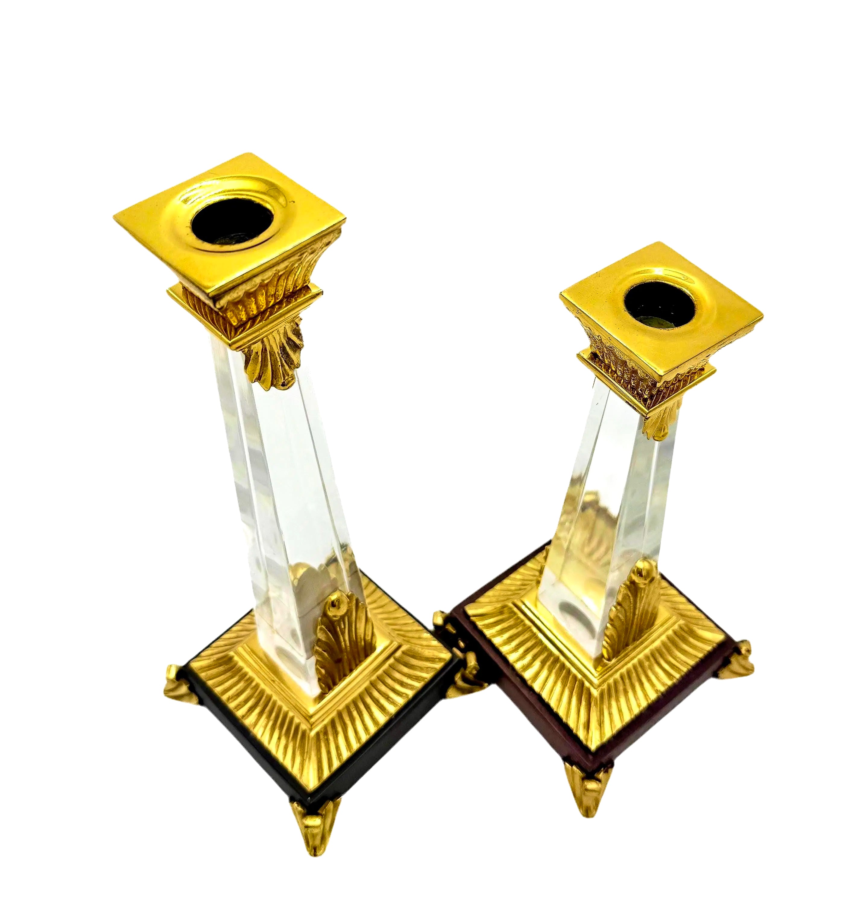 Sleek pair of vintage Art Deco style clear Lucite candlesticks with geometric tiered bases.