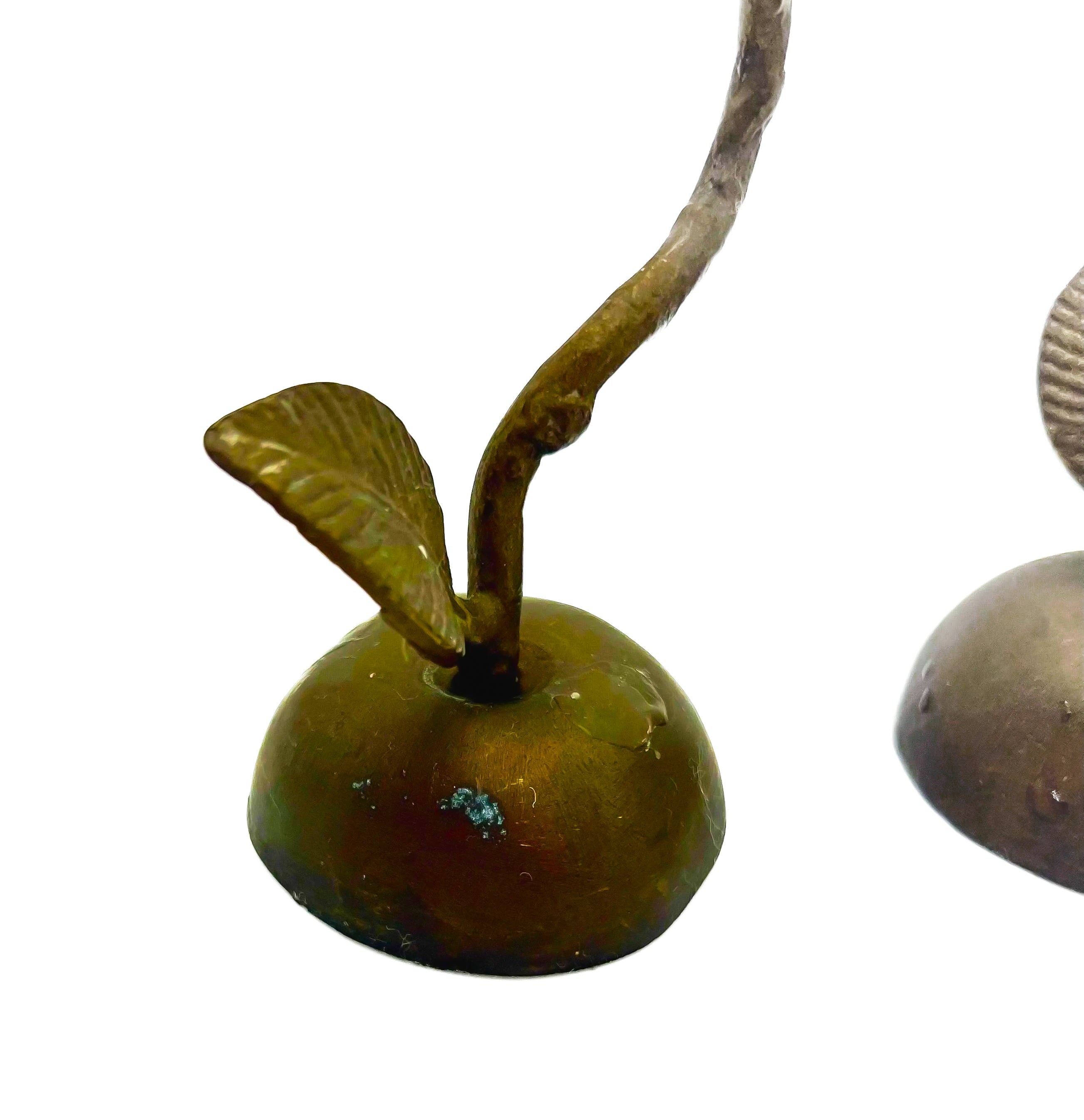 Pair of artistic hand-forged bronze taper candle holders shaped like long-stemmed roses.