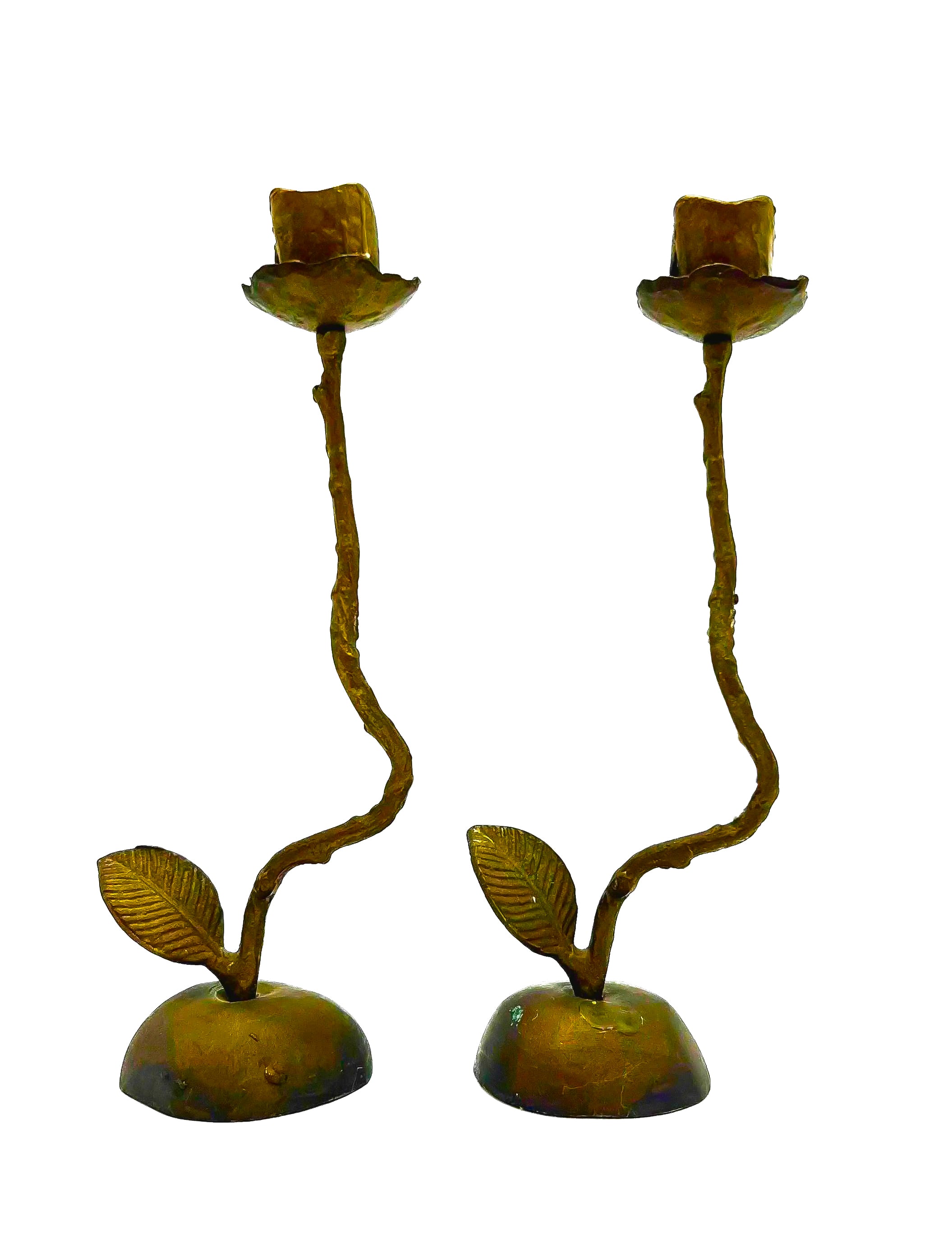 Pair of artistic hand-forged bronze taper candle holders shaped like long-stemmed roses.