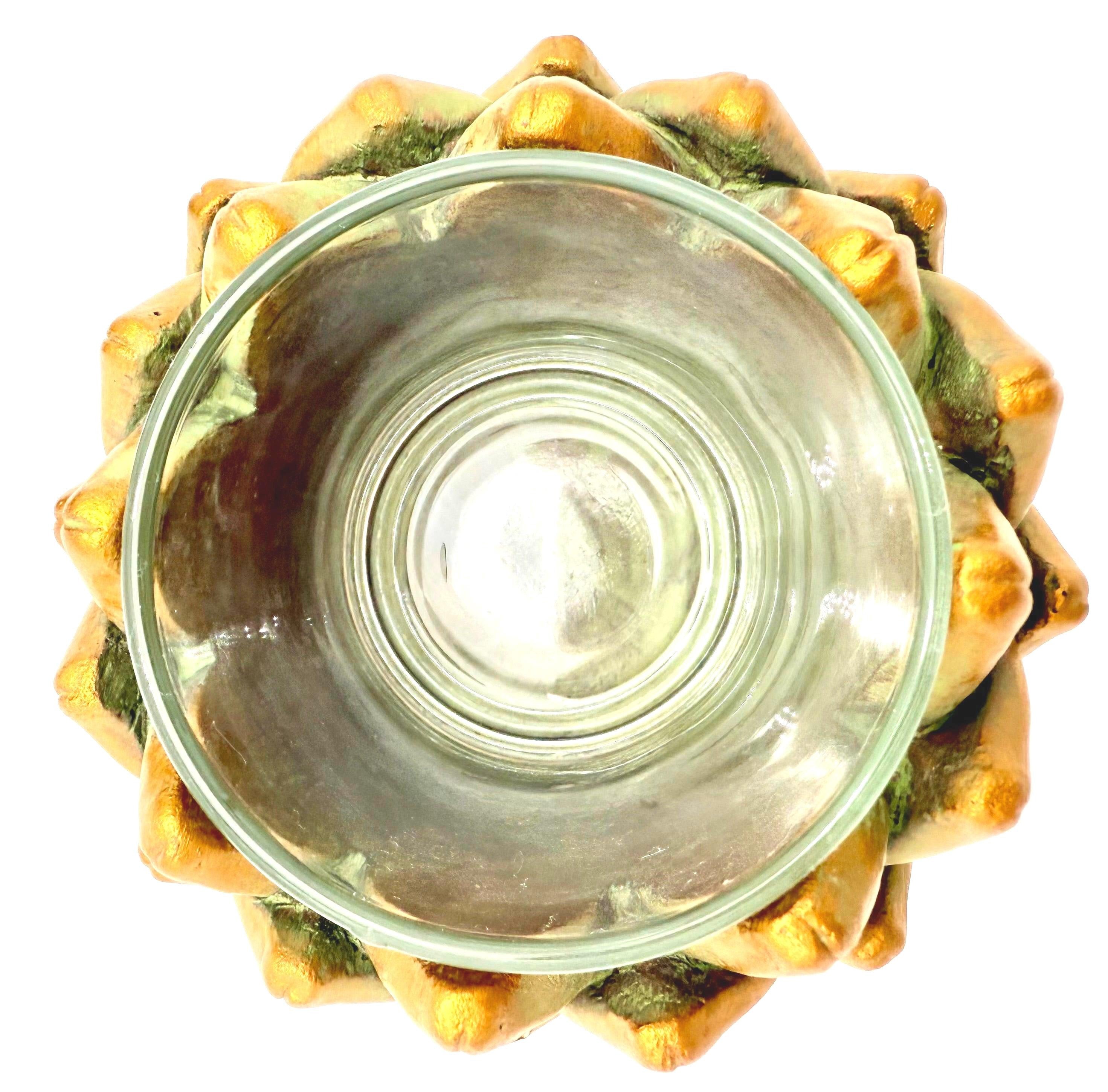 Pair of heavy vintage votive holders shaped like golden artichokes with a metallic finish.