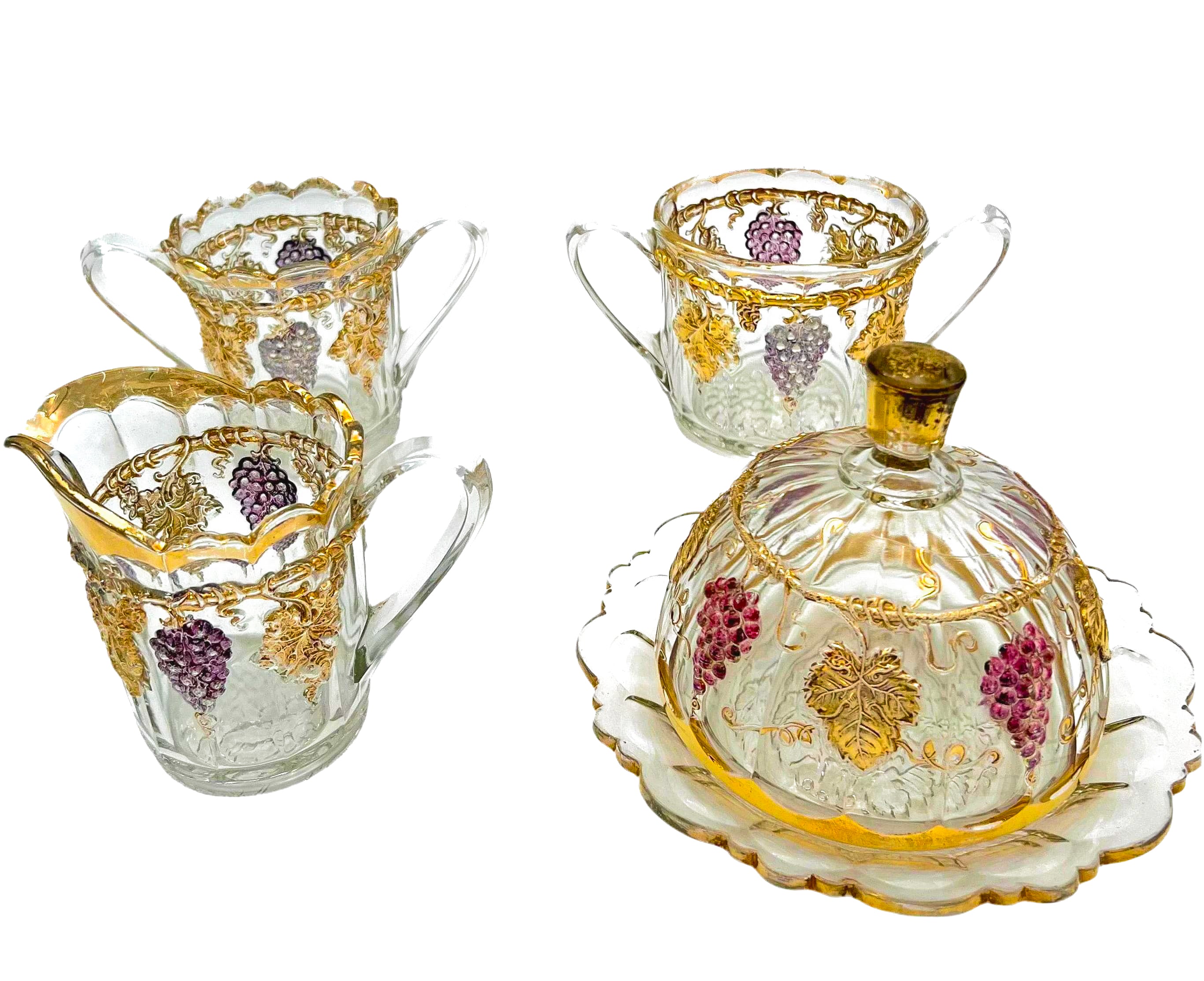 Antique Early American Pattern Glass (EAPG) brunch set featuring a detailed grape and leaf relief.
