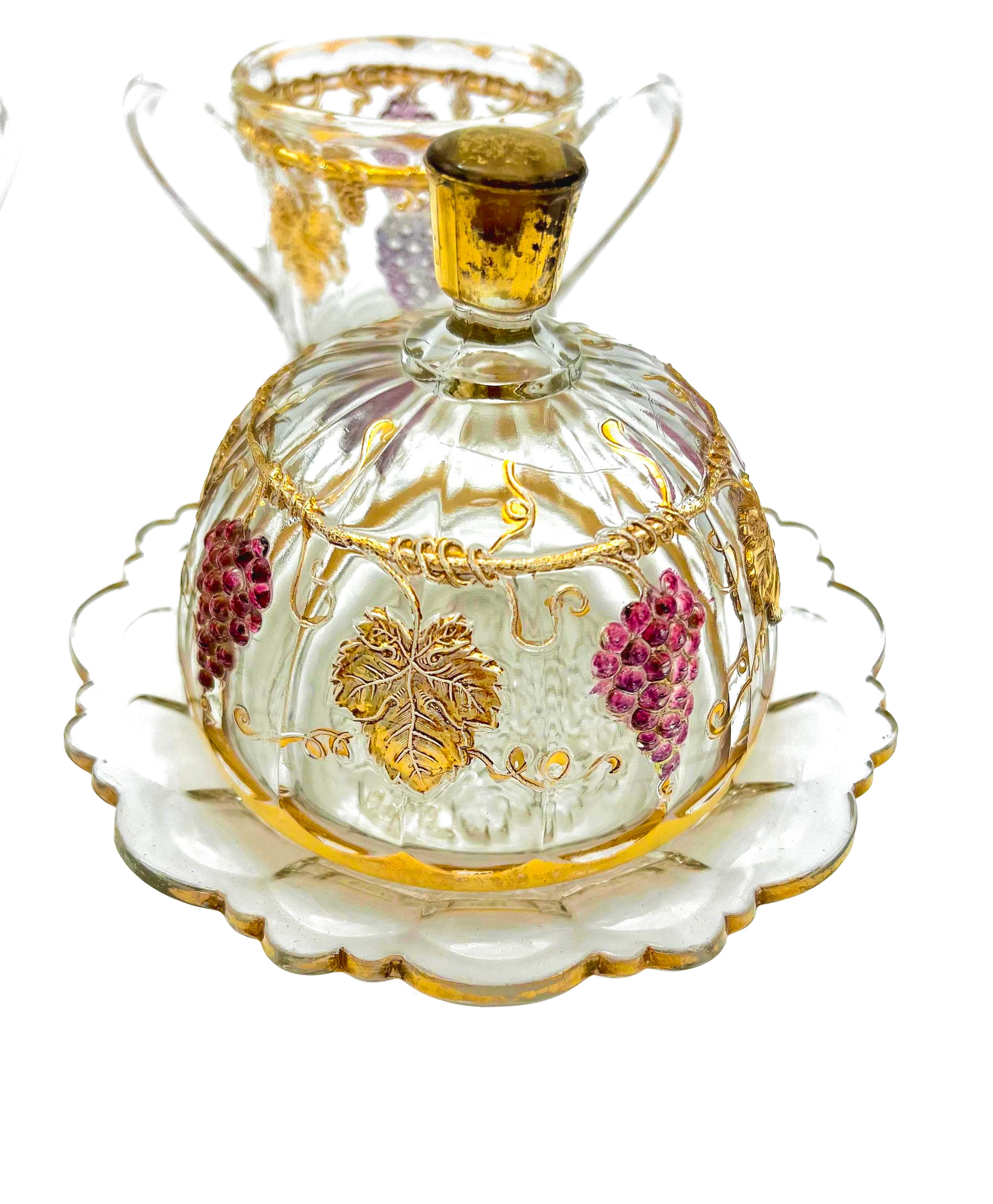 Antique Early American Pattern Glass (EAPG) brunch set featuring a detailed grape and leaf relief.