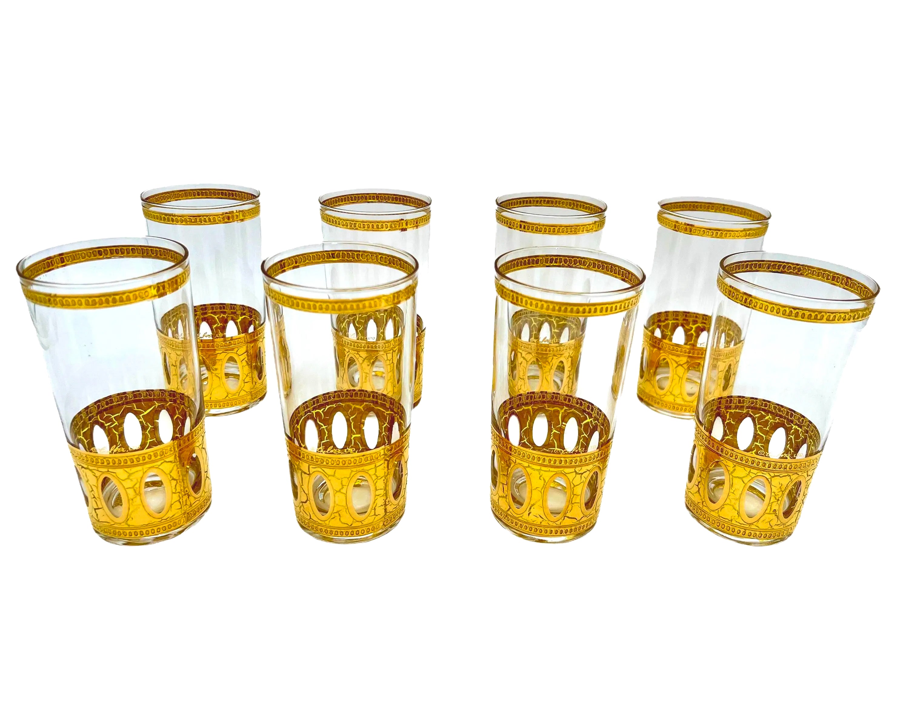 Set of 8 signed vintage Culver highball glasses featuring an intricate 22k gold geometric pattern.