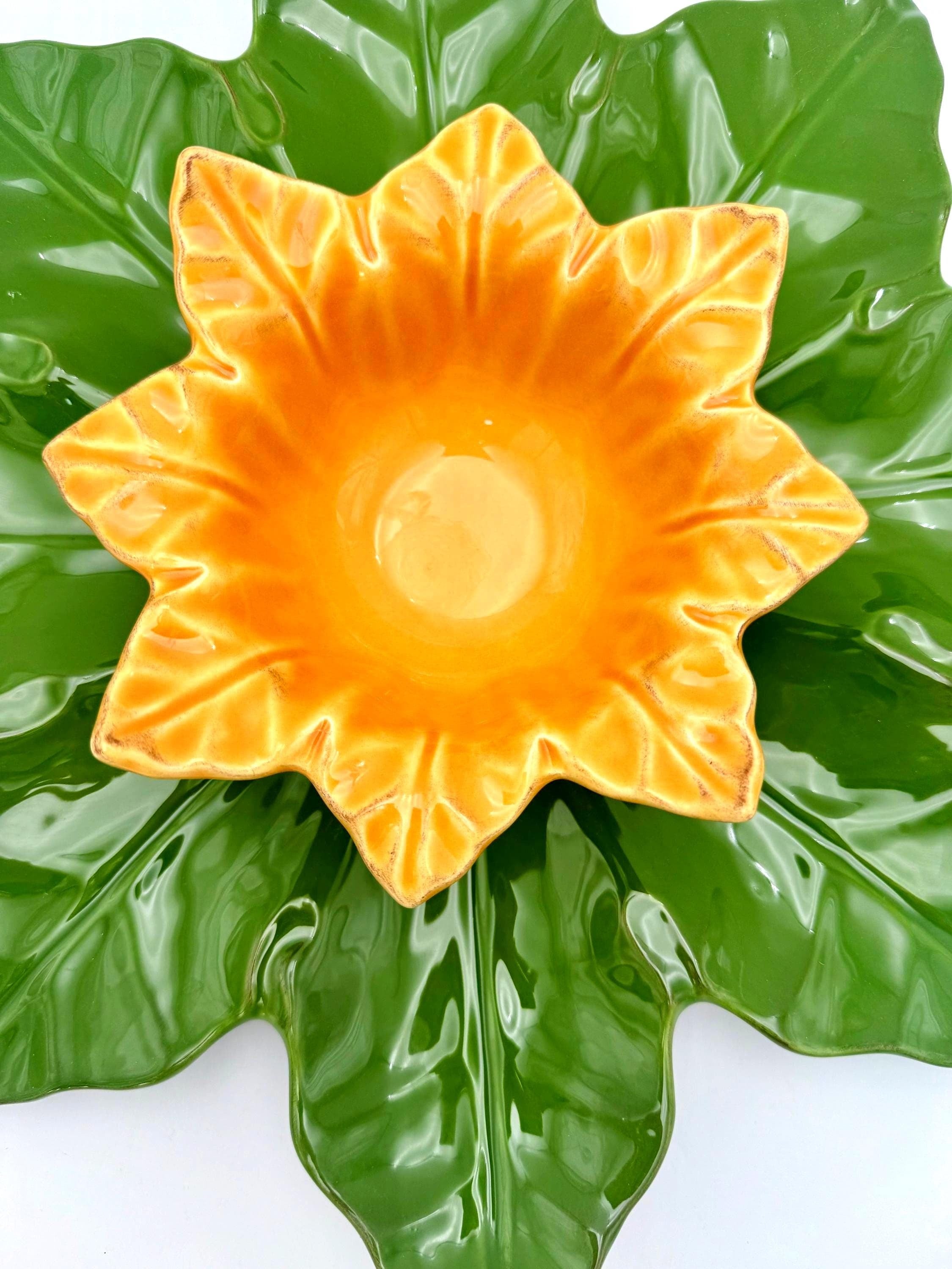 Large 17-inch Portuguese ceramic chip and dip set with a leaf-shaped platter and 7.5-inch flower bowl.