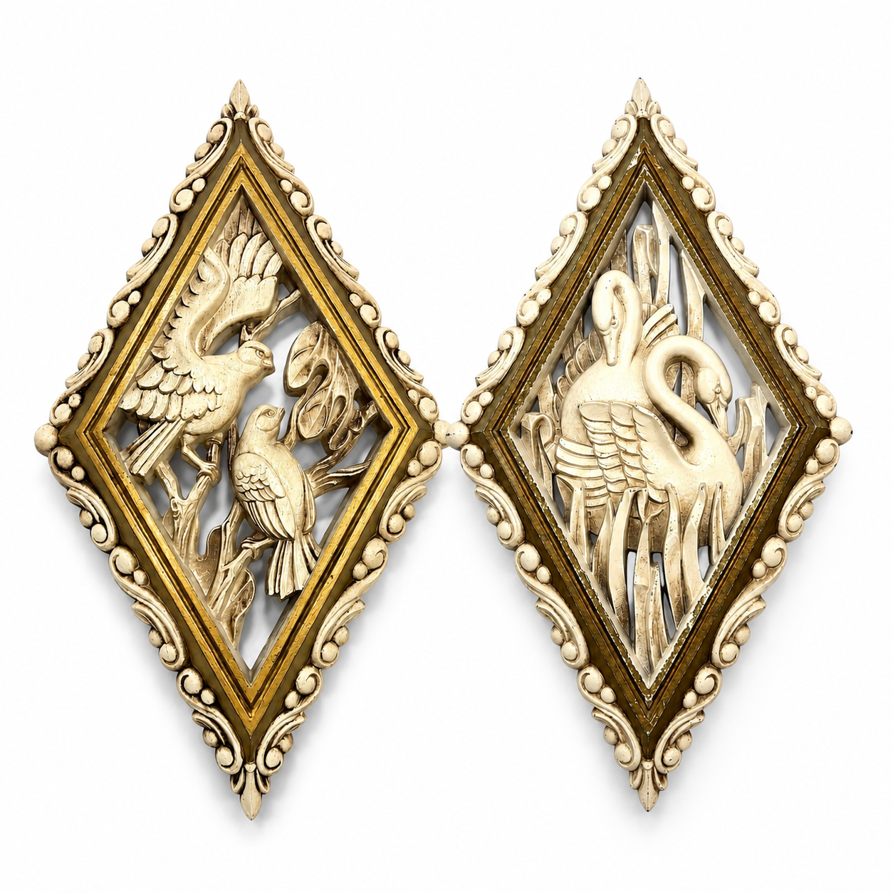 VINTAGE 1973 CONSUMER PRODUCTS CORP. IVORY & GOLD BIRD WALL PLAQUES PAIR