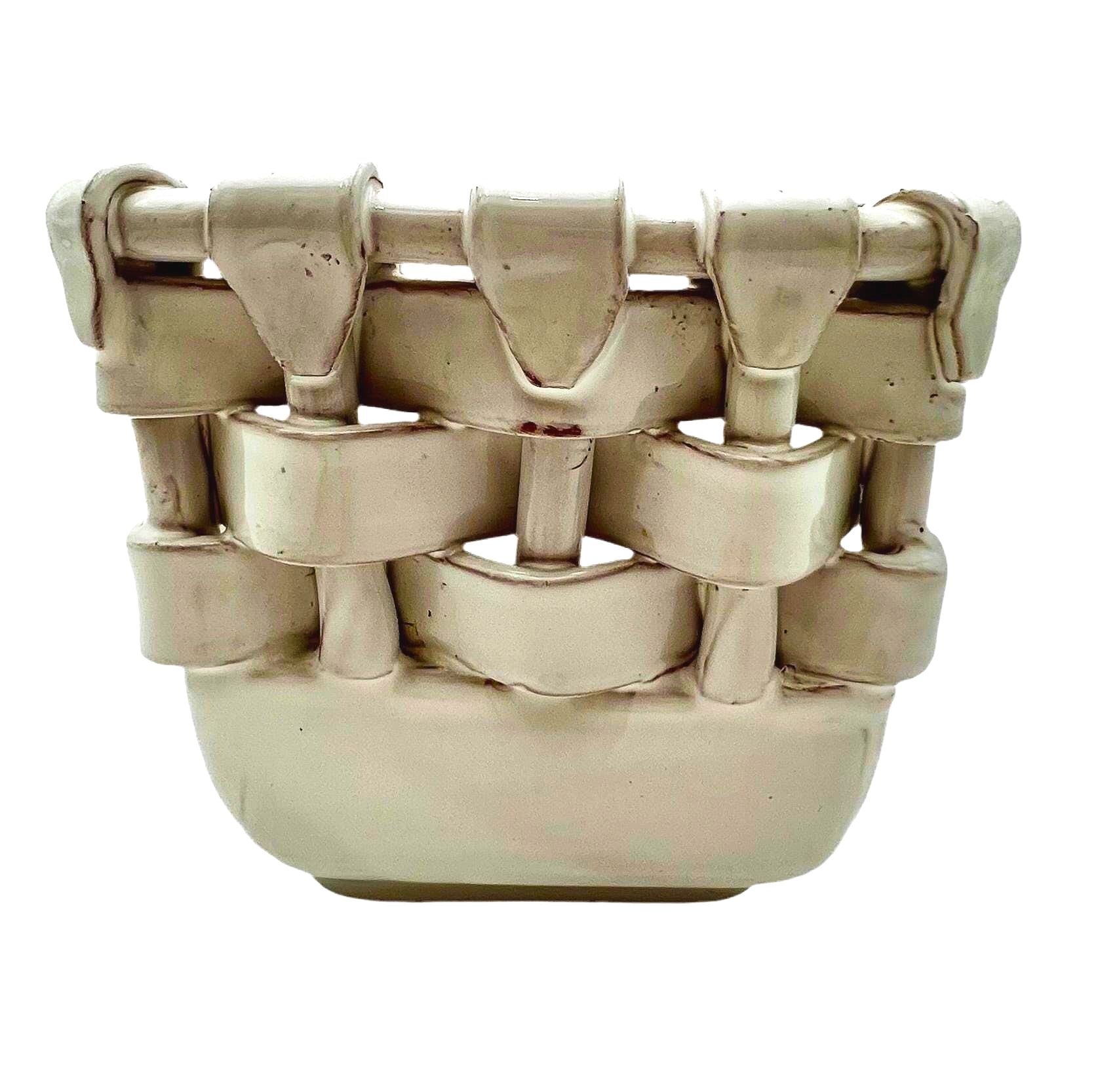 Italian glazed terra cotta decorative basket with a realistic ceramic woven texture.