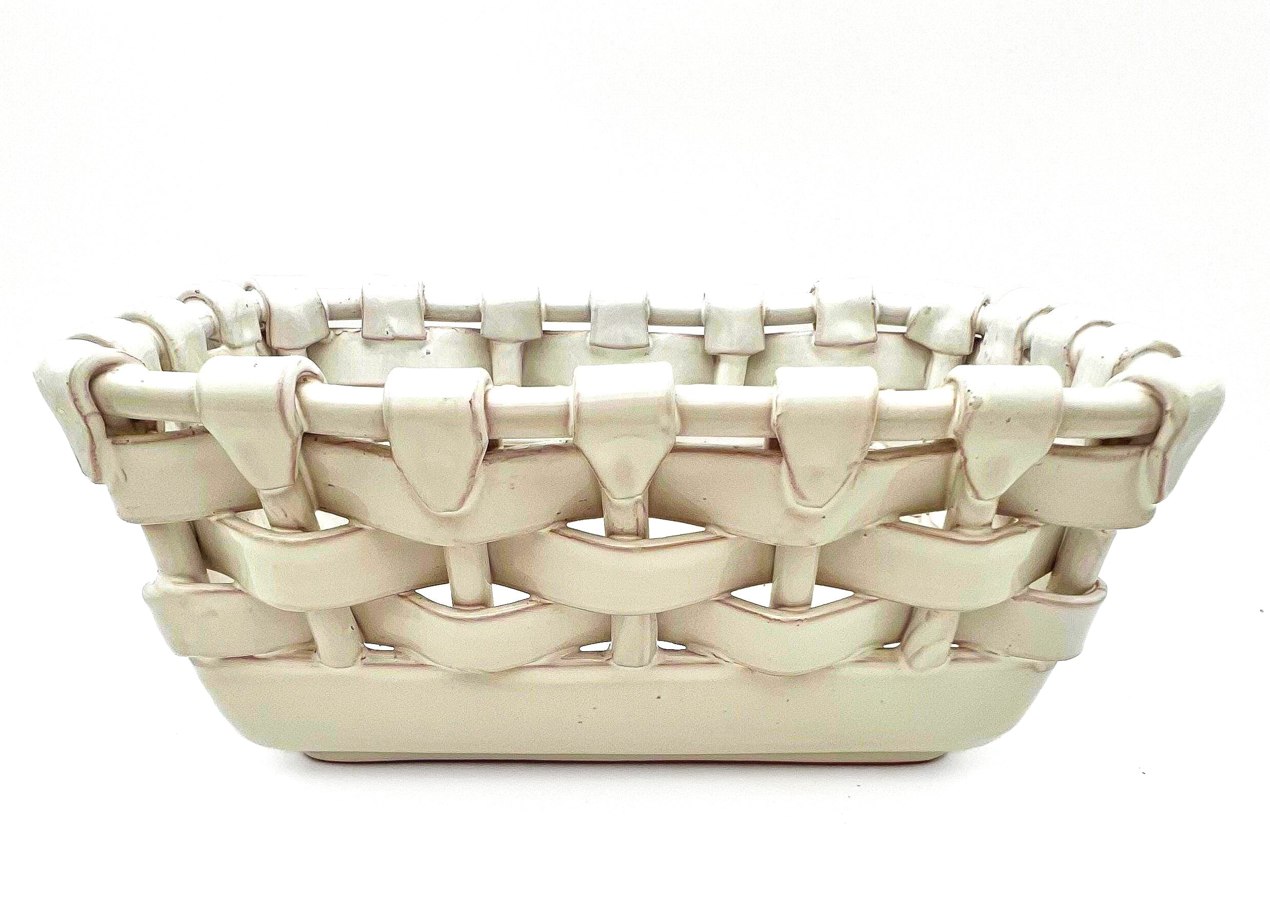 Italian glazed terra cotta decorative basket with a realistic ceramic woven texture.