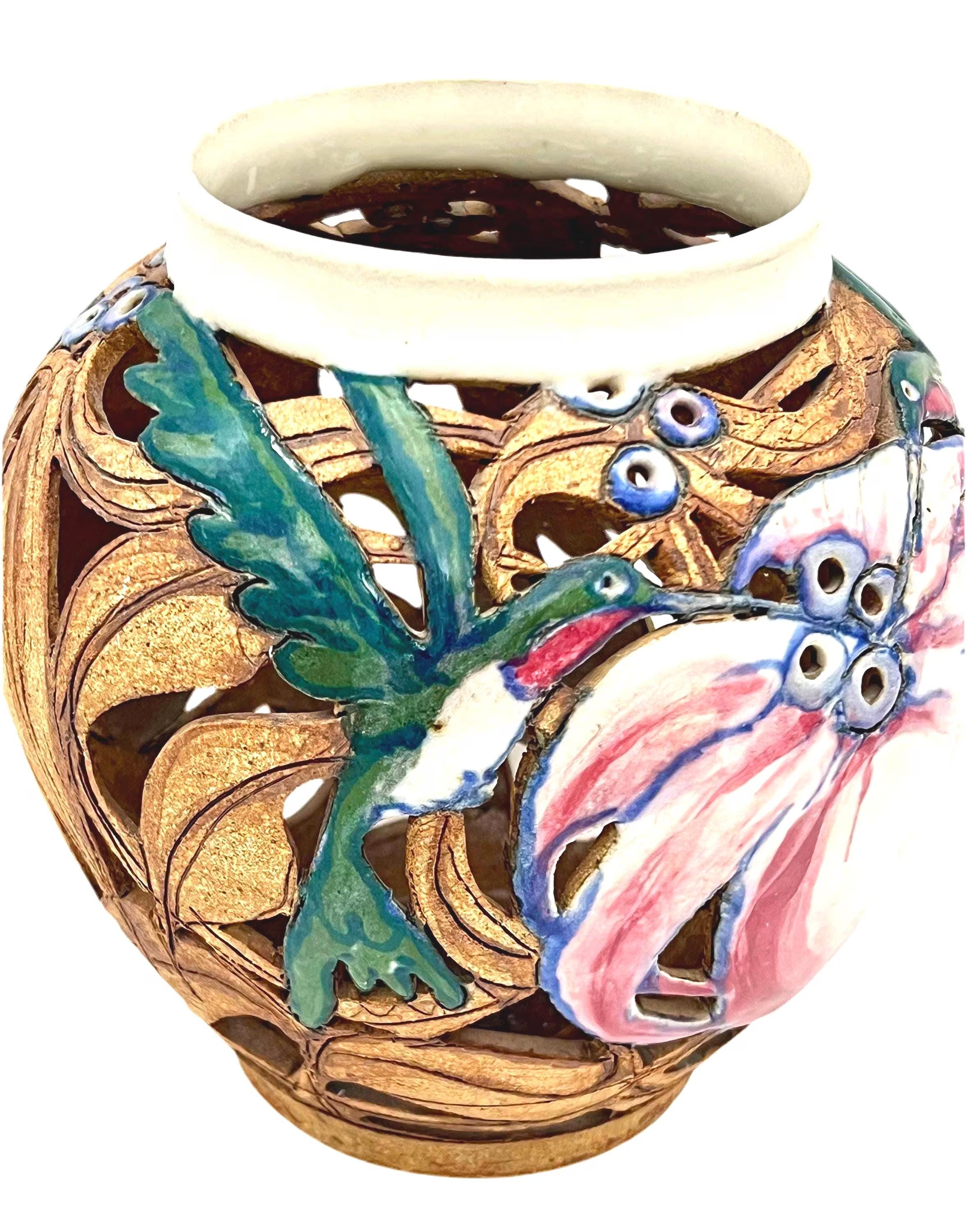 Artist-signed decorative piece featuring a hummingbird motif, usable as a vase or candle lantern.