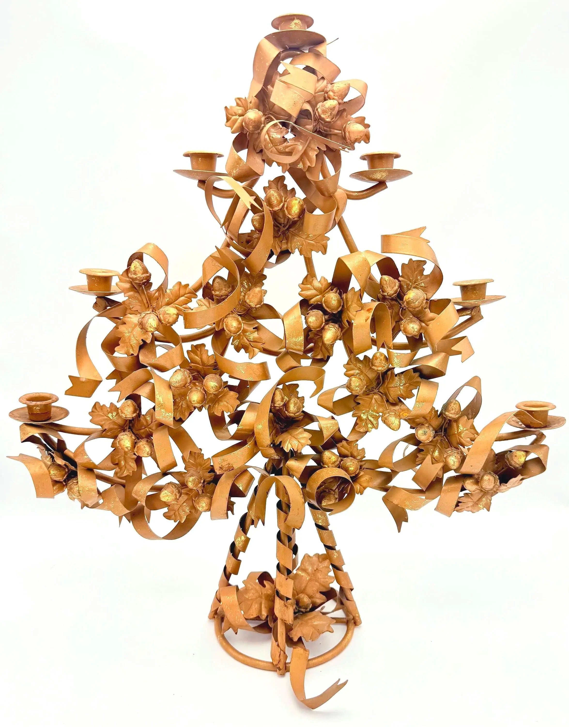 VINTAGE ITALIAN GILT TOLE CHRISTMAS TREE CANDELABRA WITH ACORNS AND RIBBONS – HOLLYWOOD REGENCY GOLD METAL CANDLE HOLDER
