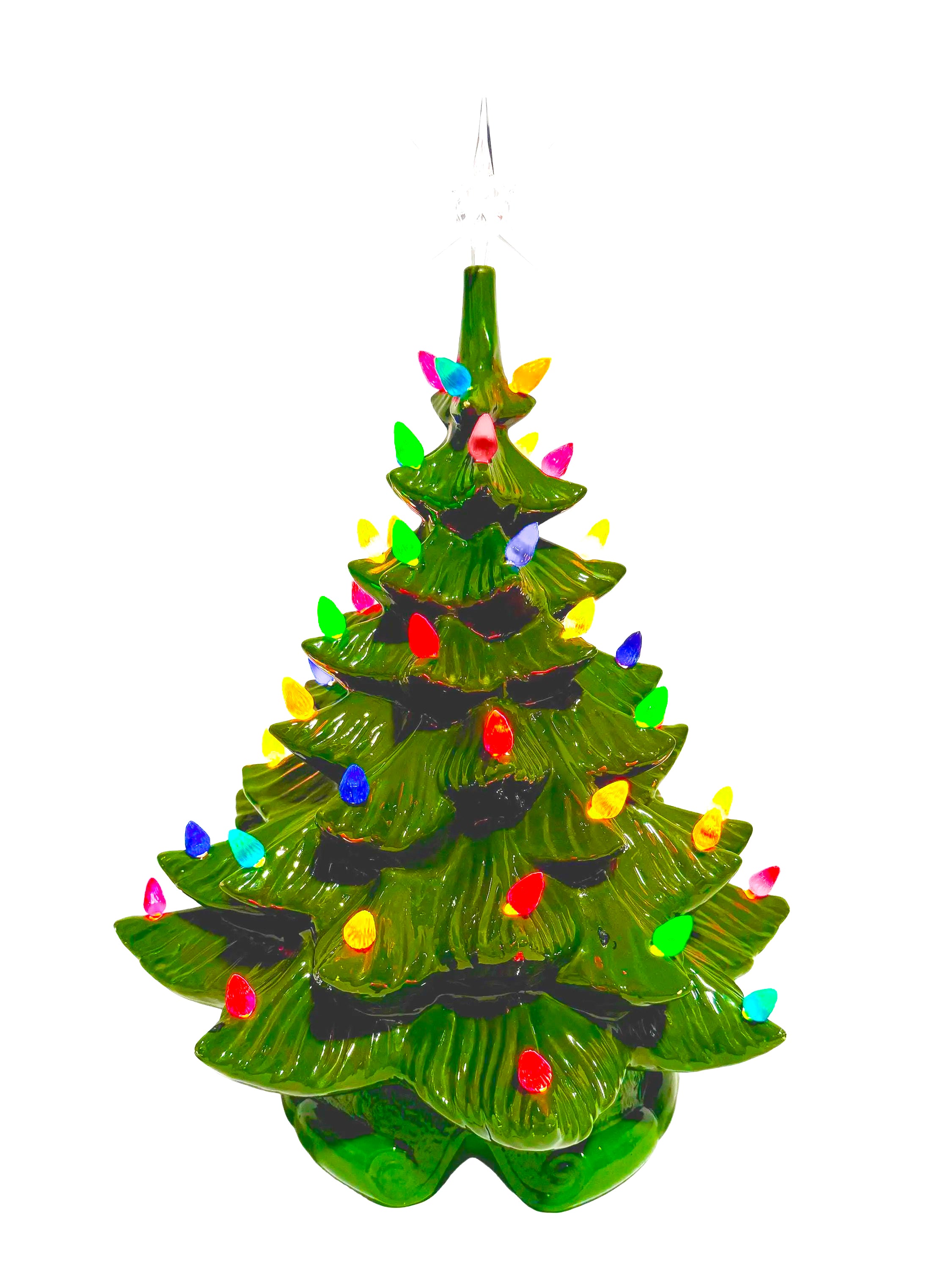Large lighted 22-inch ceramic Christmas tree by Atlantic Mold with multicolor bulbs, star topper, and music box.