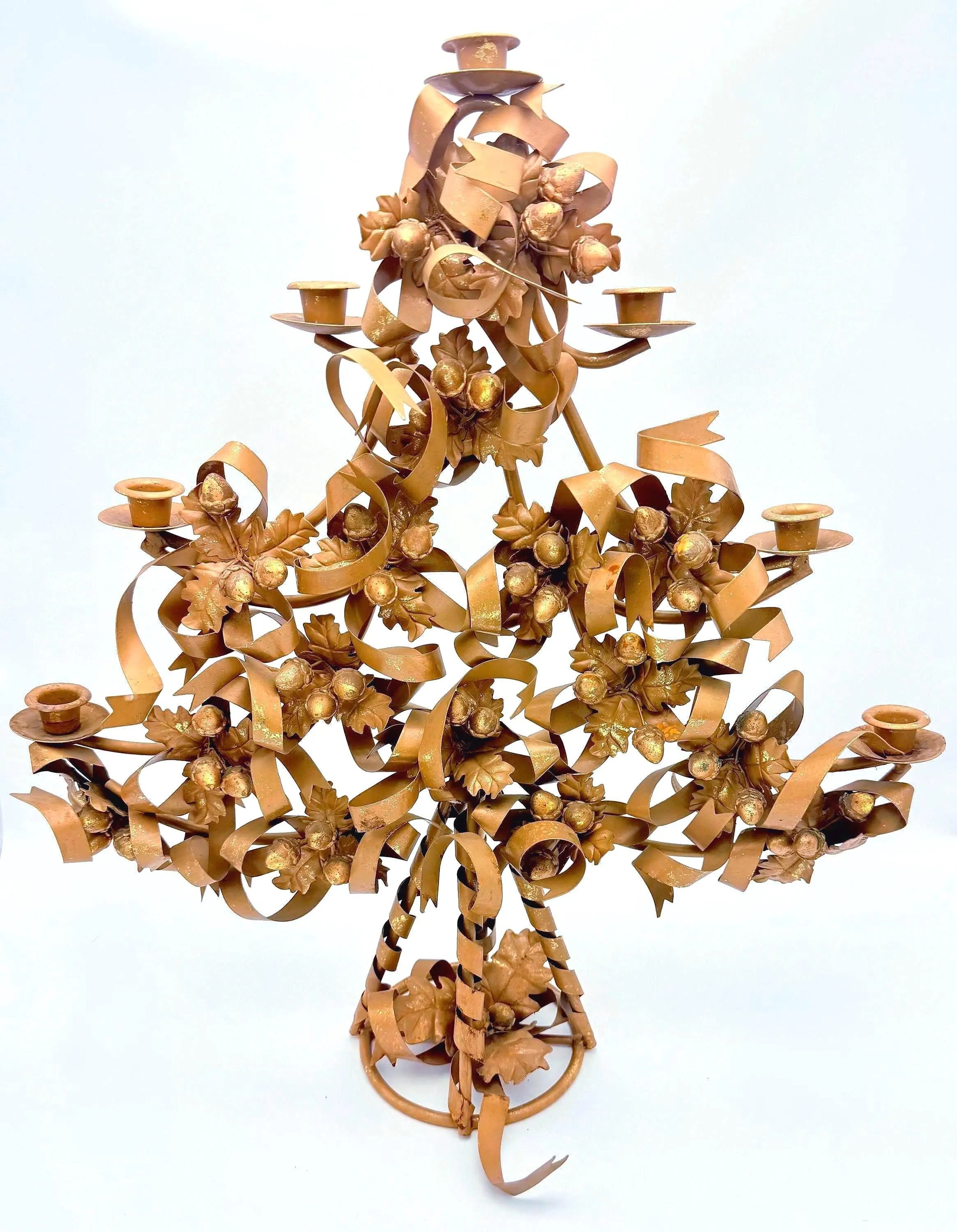 VINTAGE ITALIAN GILT TOLE CHRISTMAS TREE CANDELABRA WITH ACORNS AND RIBBONS – HOLLYWOOD REGENCY GOLD METAL CANDLE HOLDER