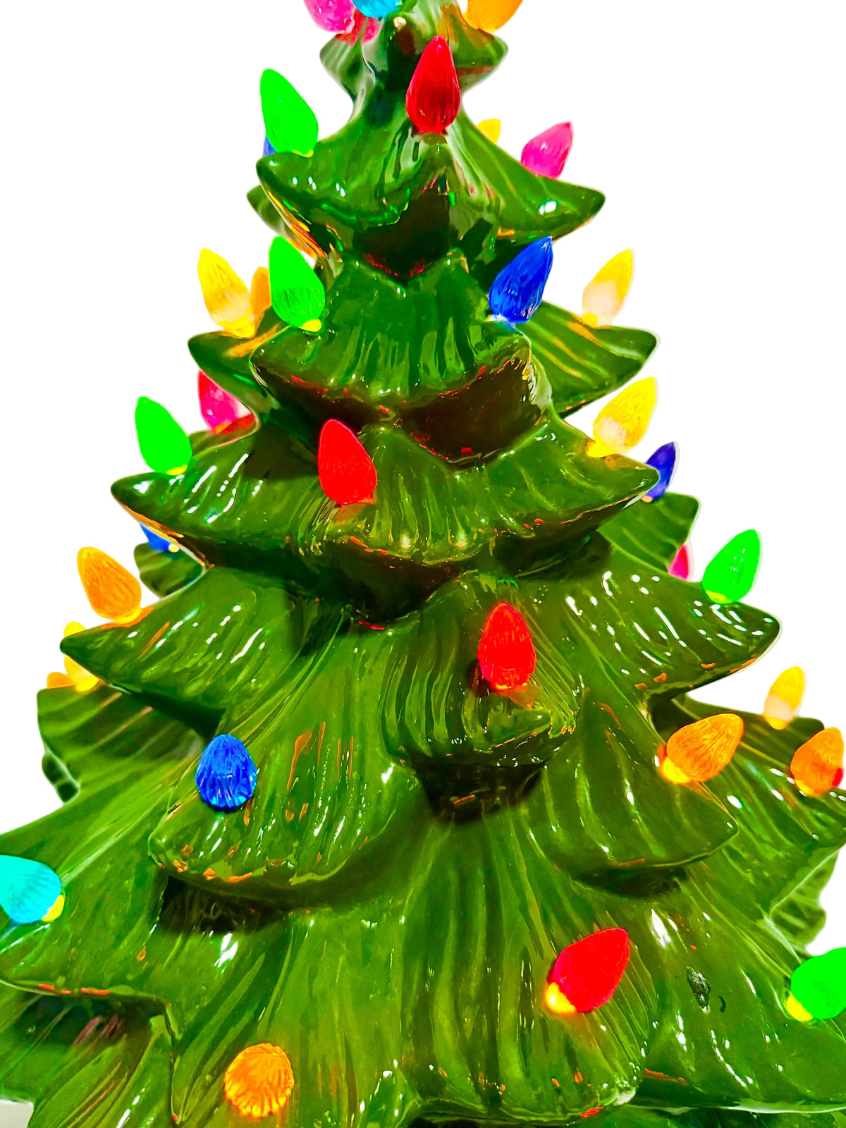 Large lighted 22-inch ceramic Christmas tree by Atlantic Mold with multicolor bulbs, star topper, and music box.