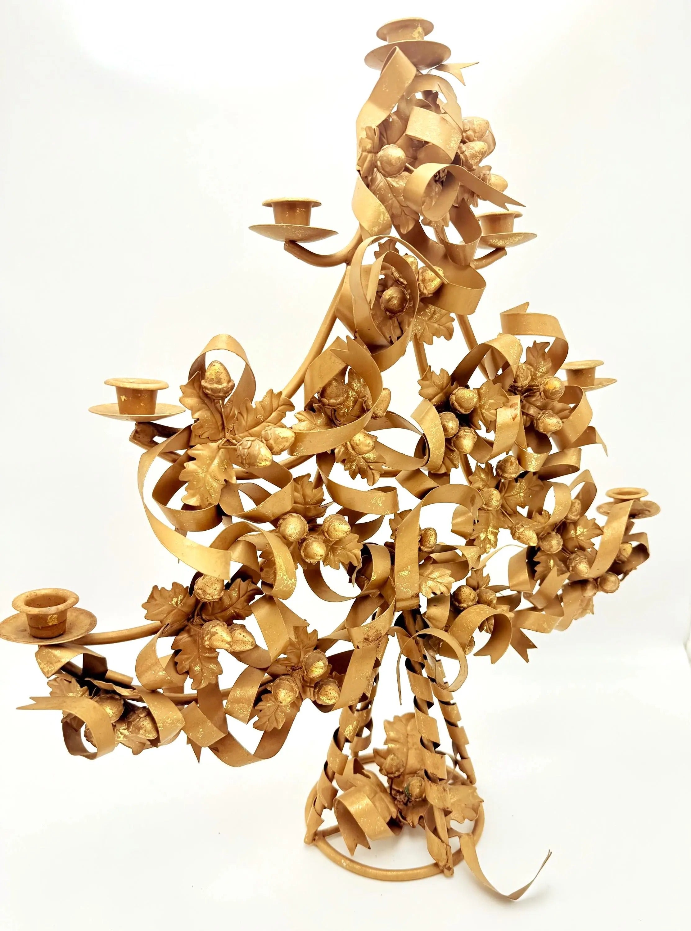 VINTAGE ITALIAN GILT TOLE CHRISTMAS TREE CANDELABRA WITH ACORNS AND RIBBONS – HOLLYWOOD REGENCY GOLD METAL CANDLE HOLDER