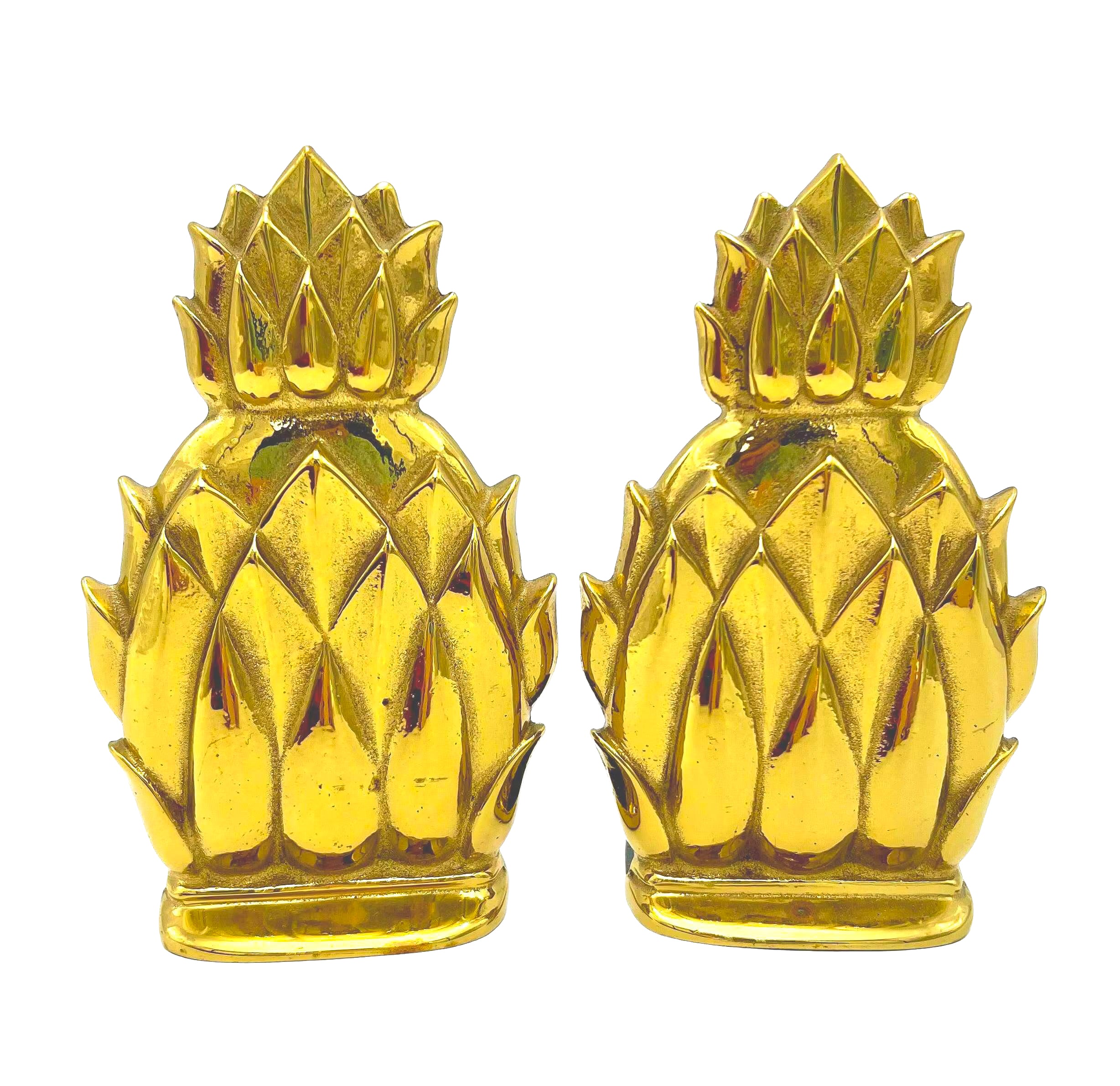 Pair of heavy vintage solid brass bookends shaped like classic pineapples.