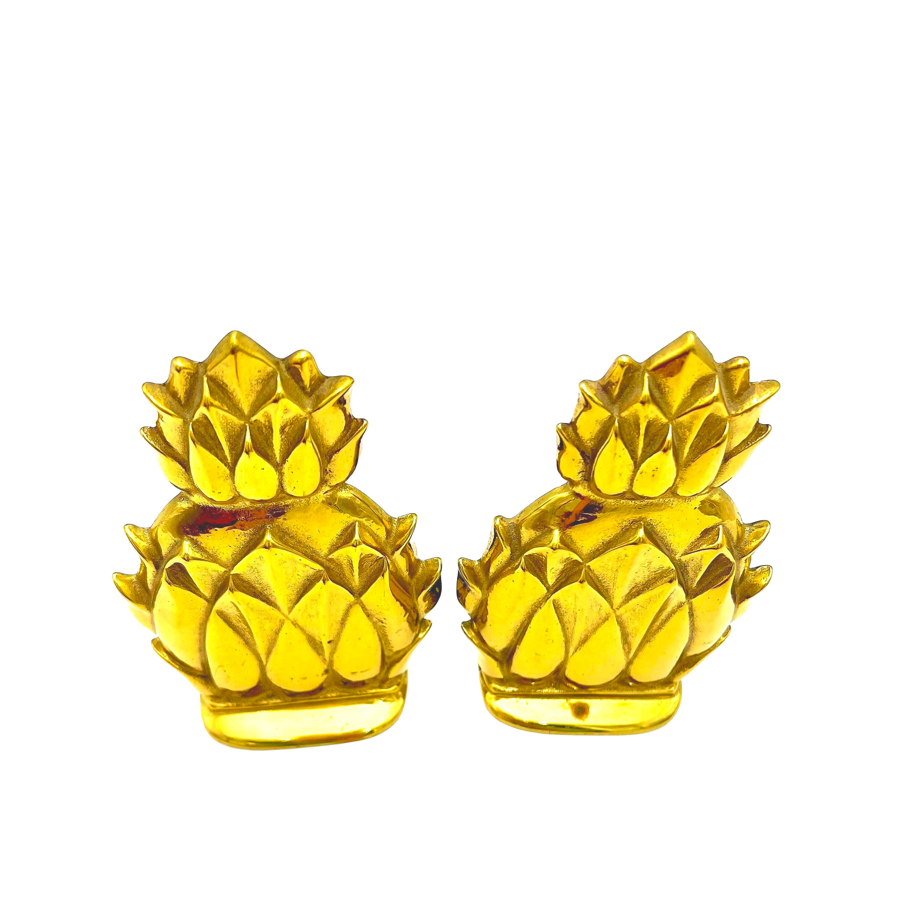 Pair of heavy vintage solid brass bookends shaped like classic pineapples.