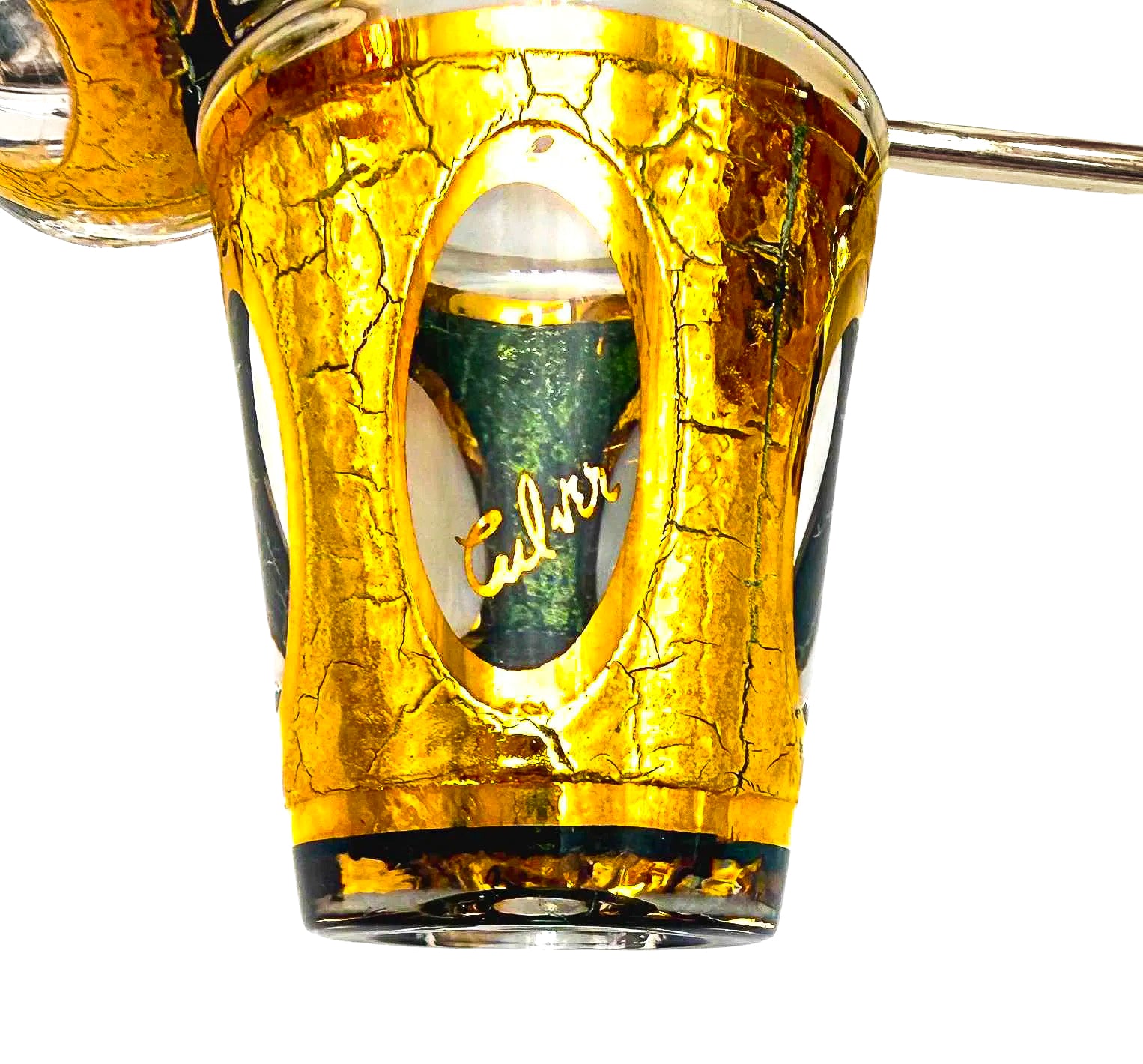 1960s Culver Antiqua shot glass set with green and gold crackle design in a vintage brass carrying caddy.