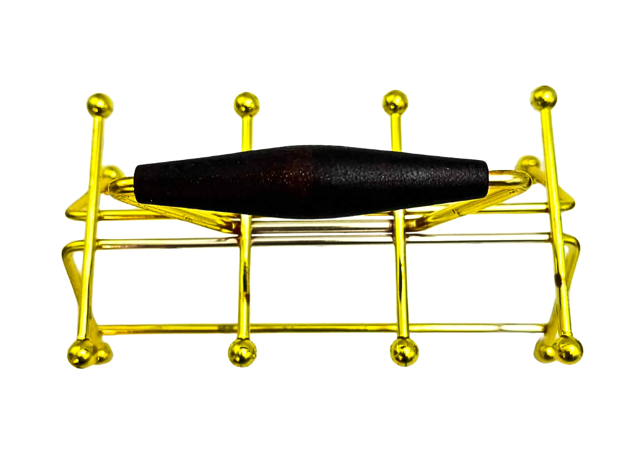 1960s Culver Antiqua shot glass set with green and gold crackle design in a vintage brass carrying caddy.