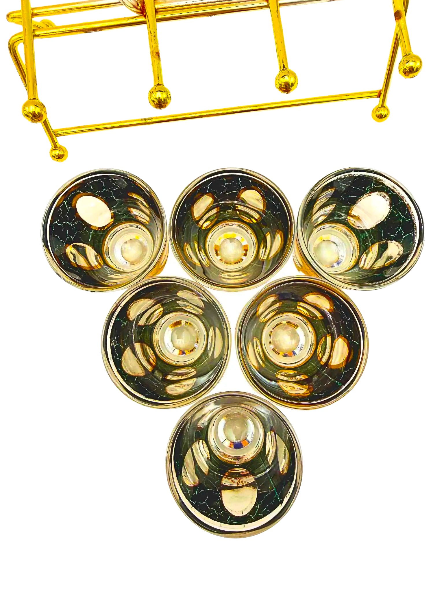 1960s Culver Antiqua shot glass set with green and gold crackle design in a vintage brass carrying caddy.