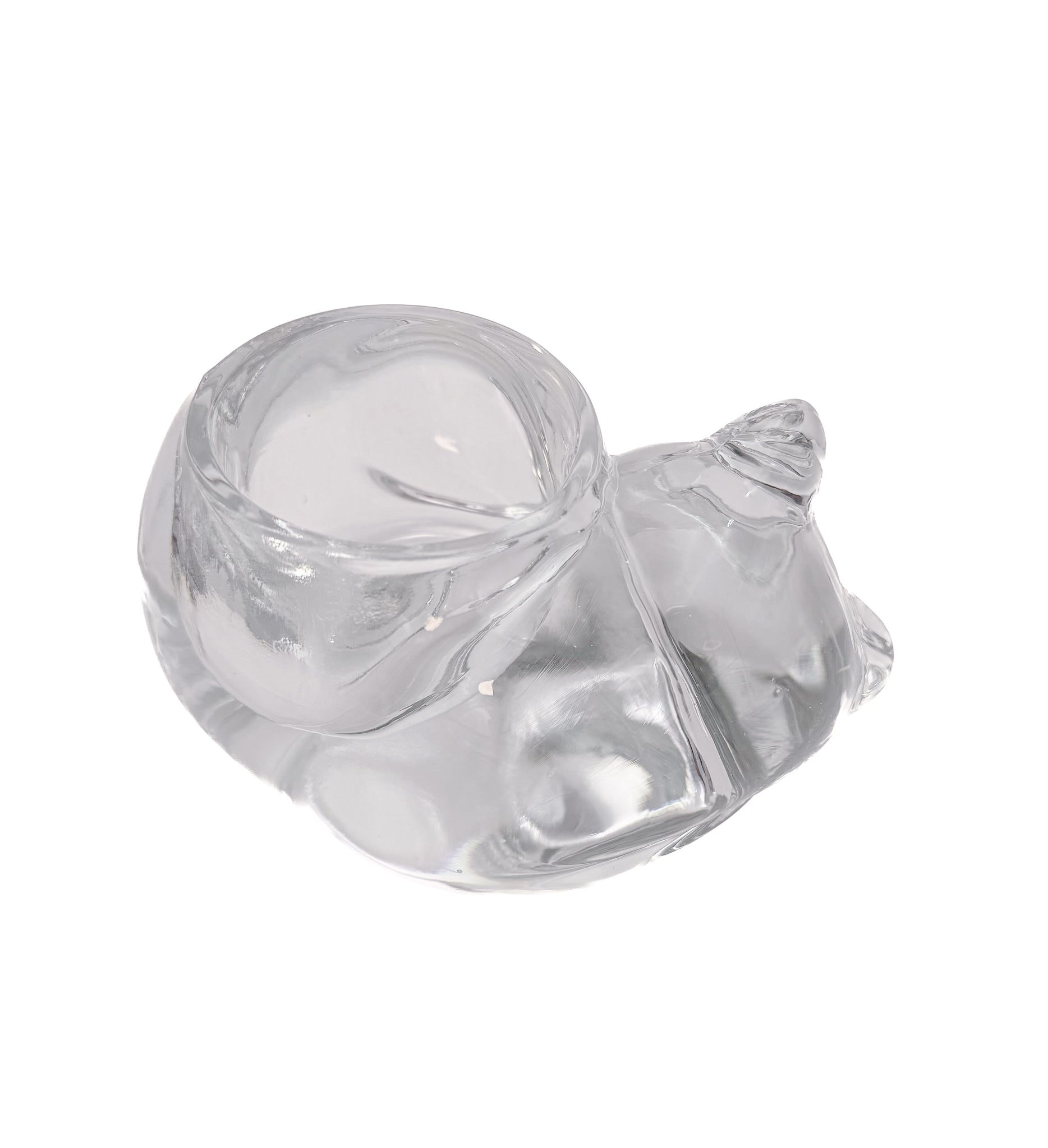 Clear molded glass votive holder shaped like a sleeping cat, vintage Indiana Glass.
