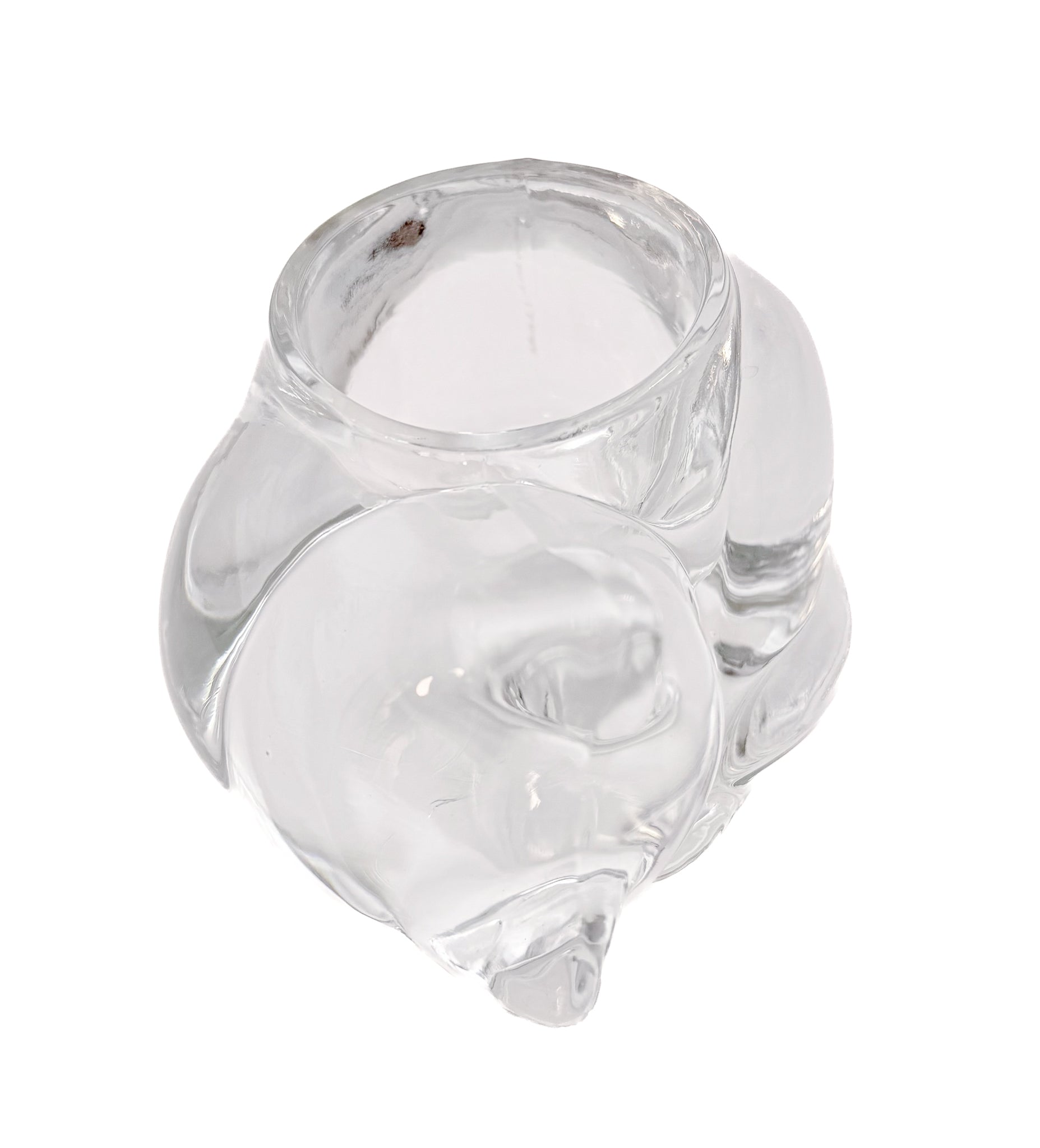 Clear molded glass votive holder shaped like a sleeping cat, vintage Indiana Glass.