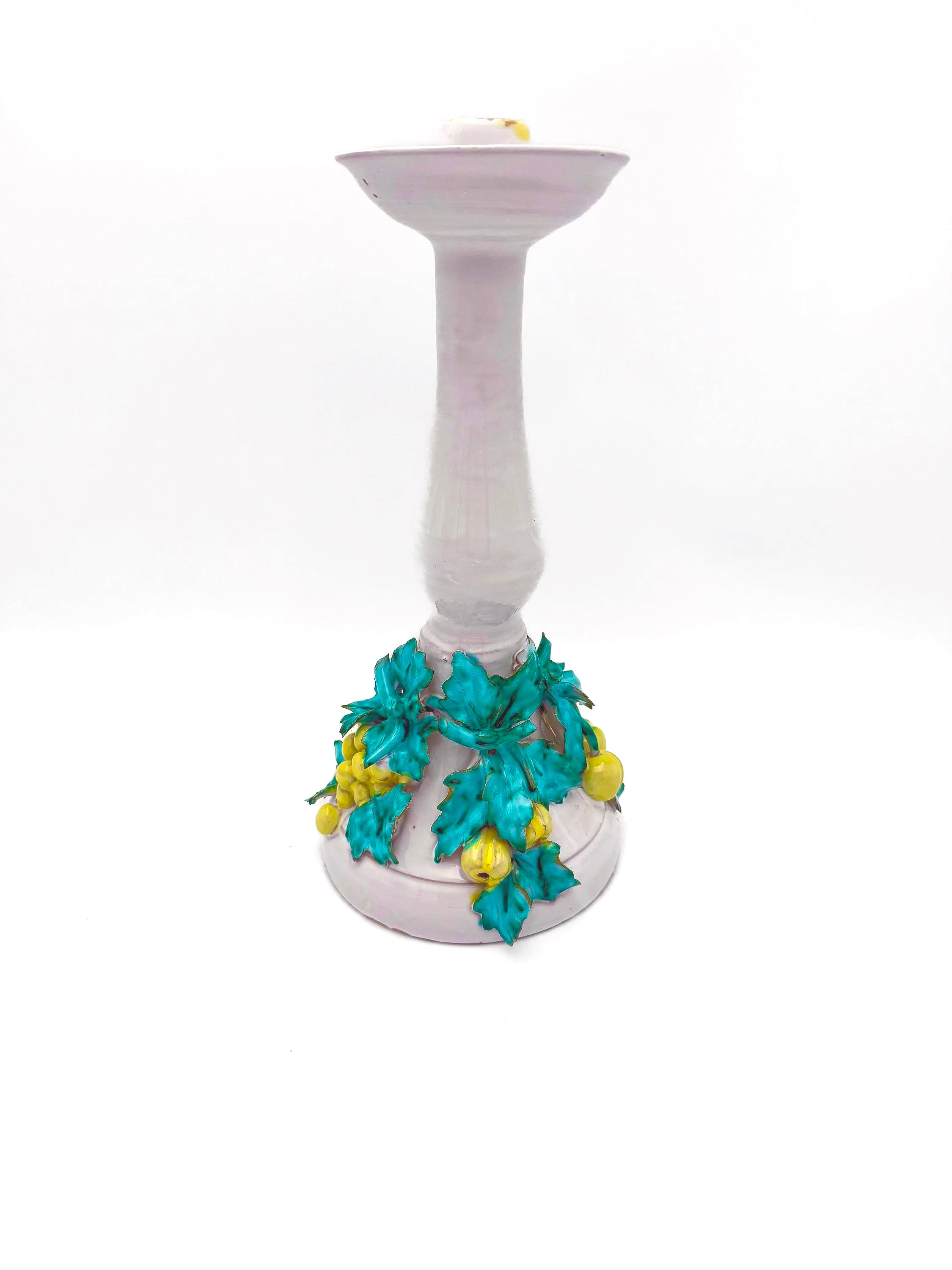 Tall vintage Italian ceramic candlestick featuring a colorful 3D fruit and leaf motif.