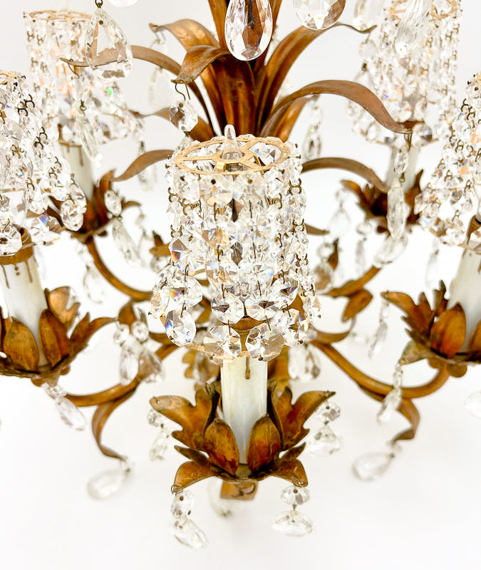 24-inch Italian Hollywood Regency chandelier with gilt floral tole metal and crystal basket shades.