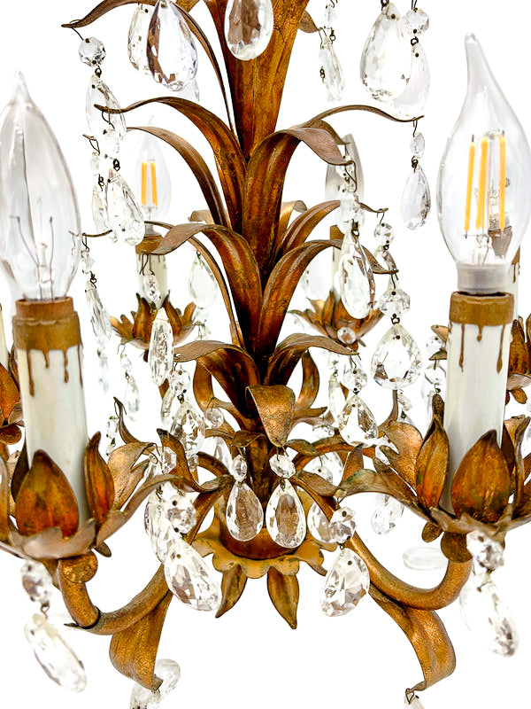 24-inch Italian Hollywood Regency chandelier with gilt floral tole metal and crystal basket shades.