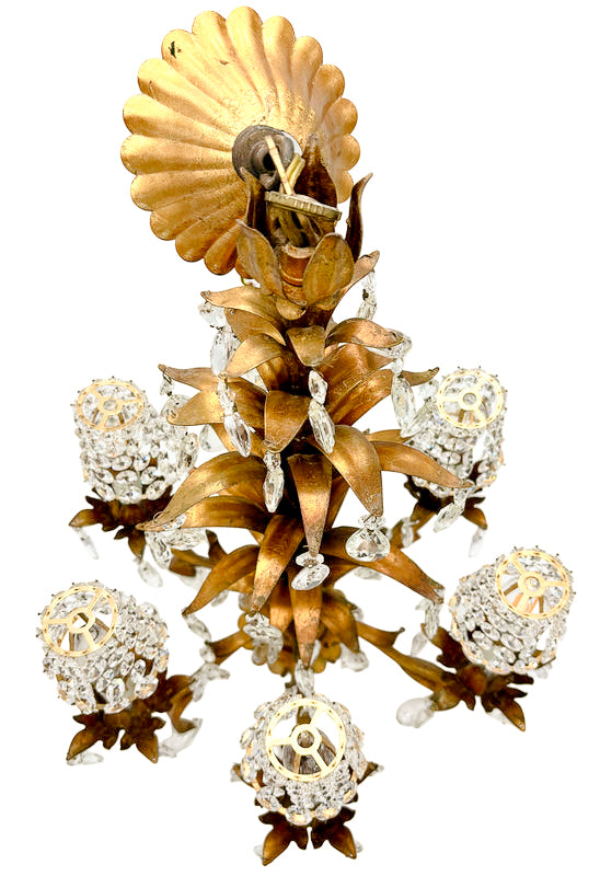 24-inch Italian Hollywood Regency chandelier with gilt floral tole metal and crystal basket shades.