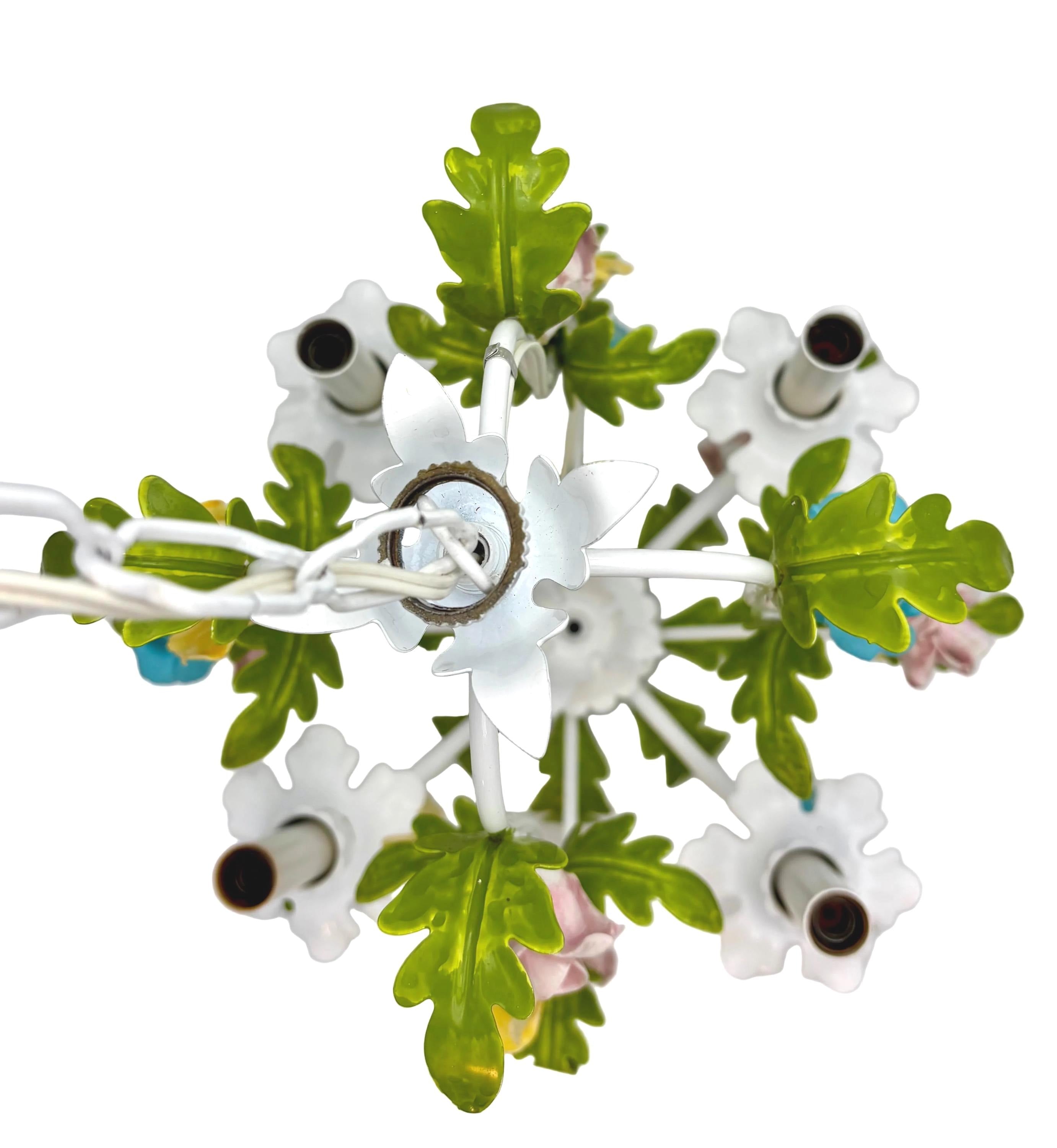 Hand-painted Italian tole chandelier featuring a European garden floral design in pastel colors.