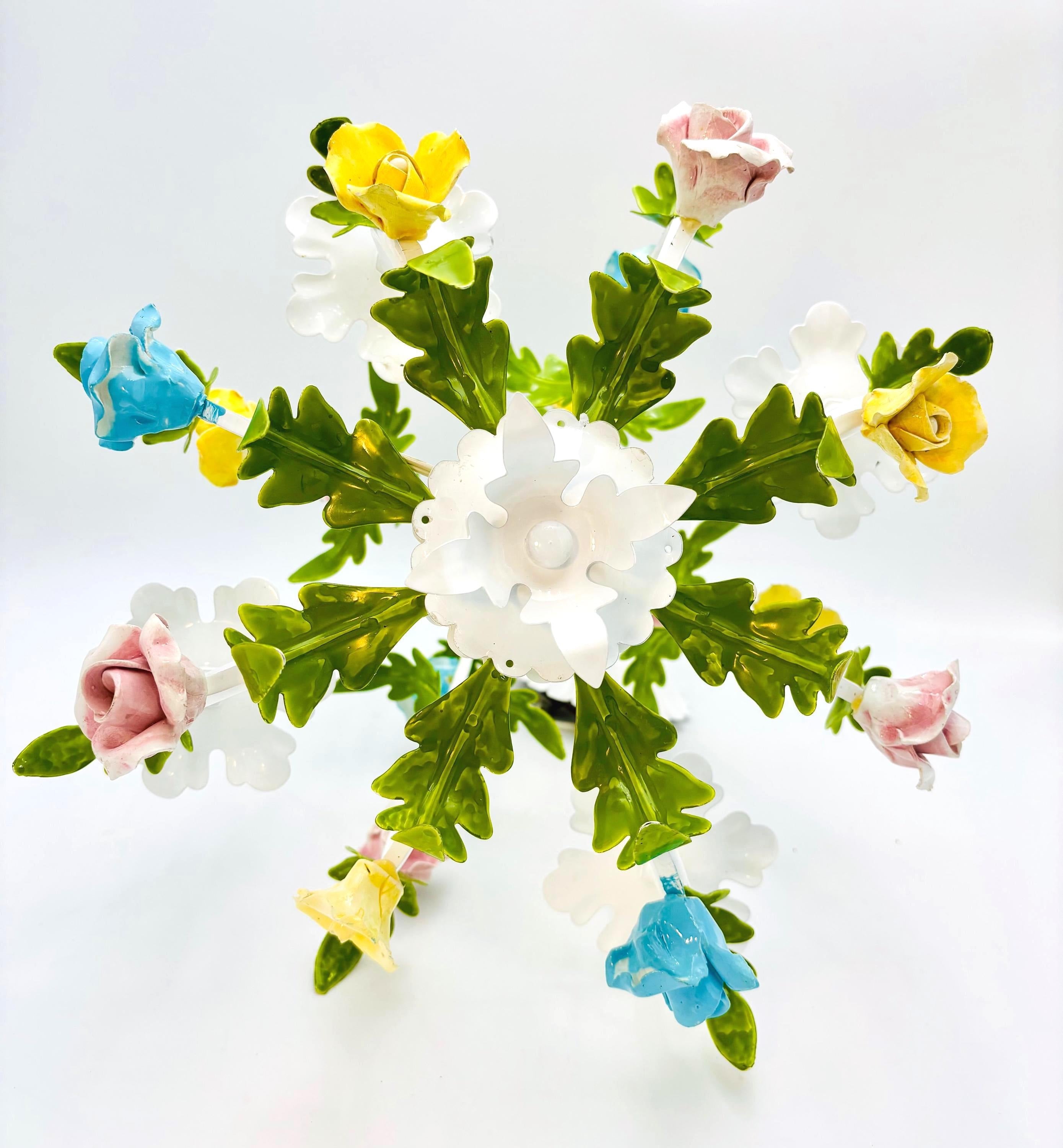 Hand-painted Italian tole chandelier featuring a European garden floral design in pastel colors.
