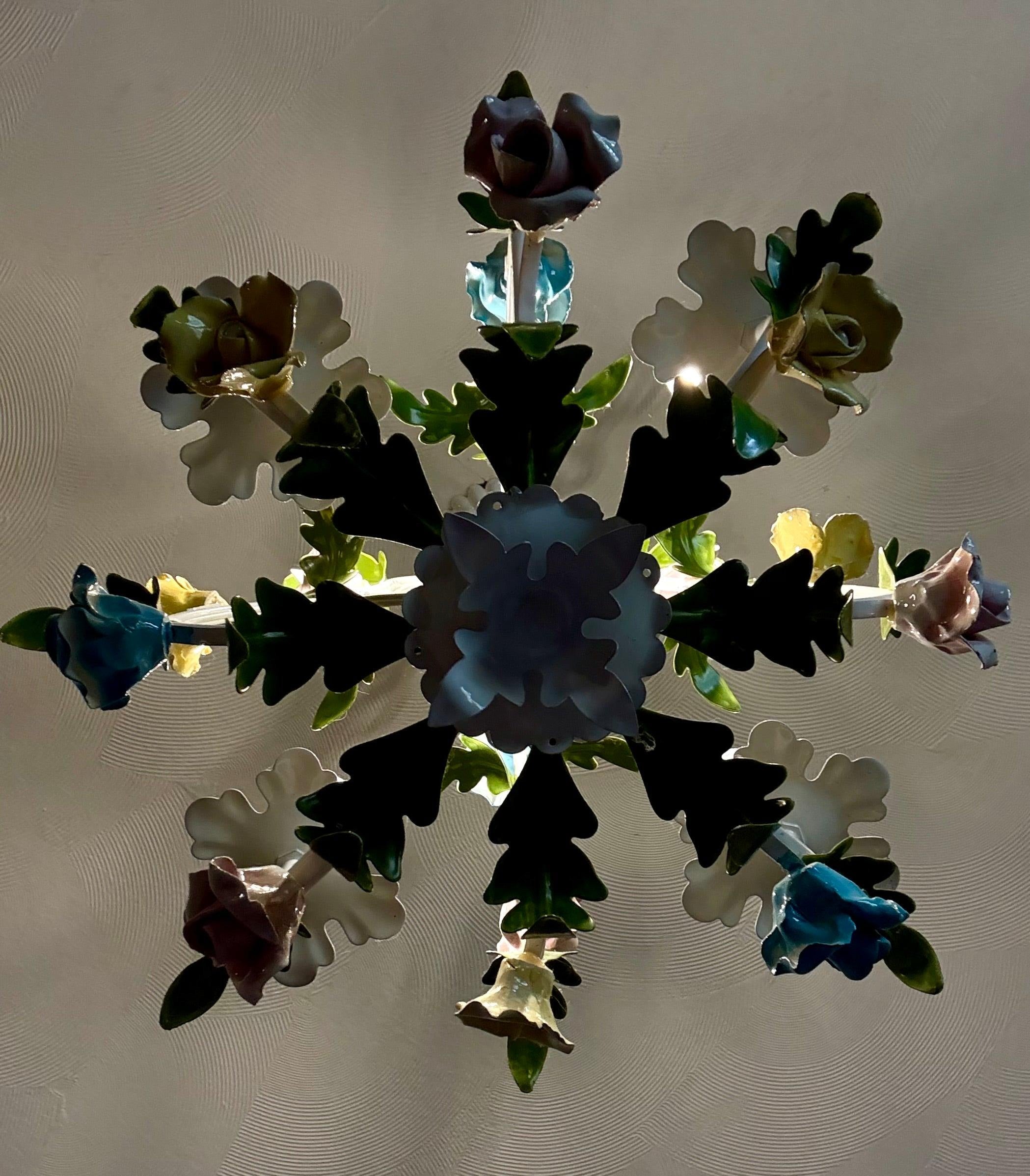 Hand-painted Italian tole chandelier featuring a European garden floral design in pastel colors.