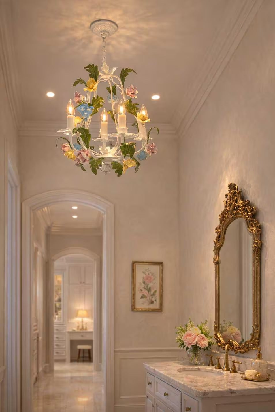 Hand-painted Italian tole chandelier featuring a European garden floral design in pastel colors.