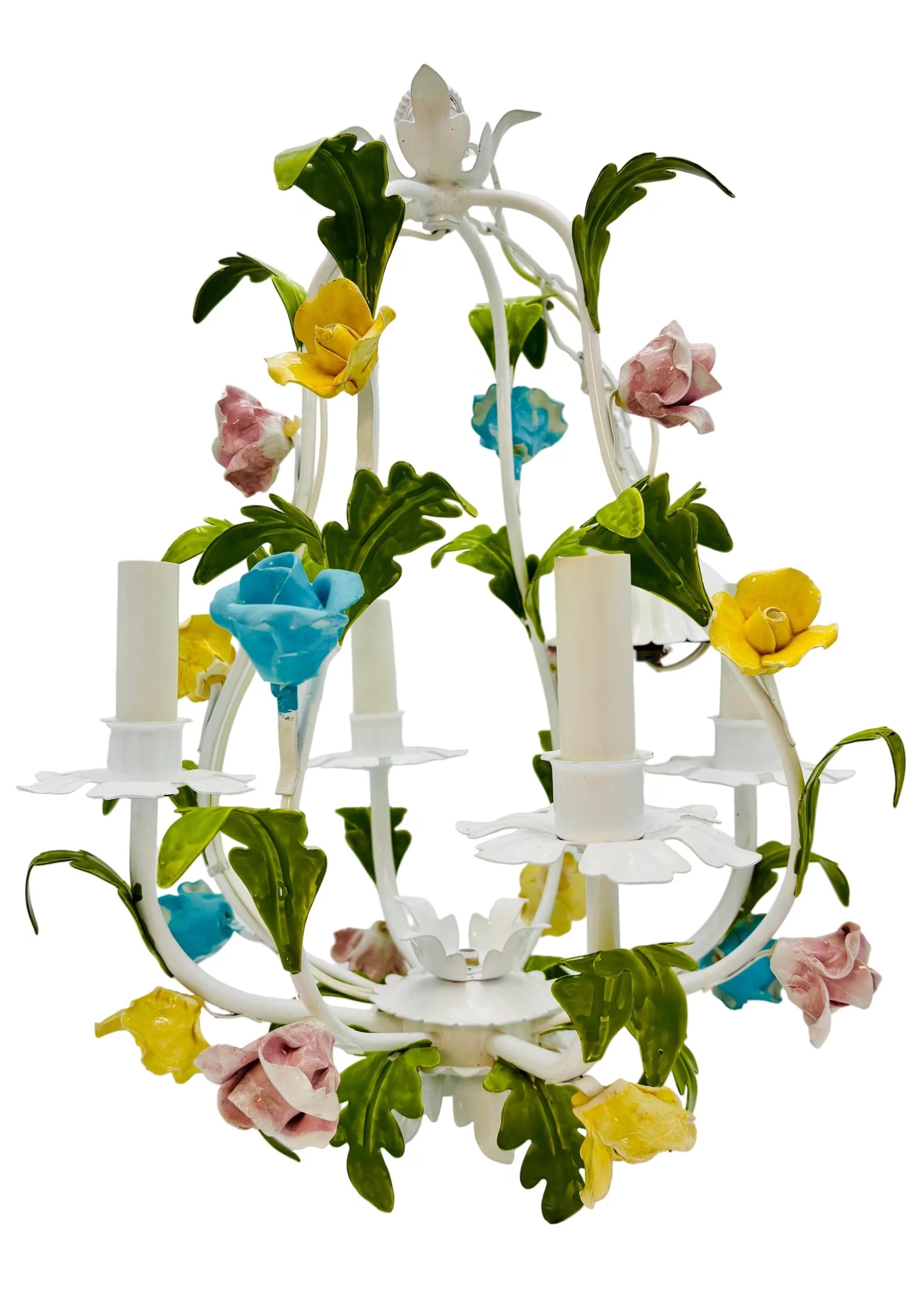 Hand-painted Italian tole chandelier featuring a European garden floral design in pastel colors.