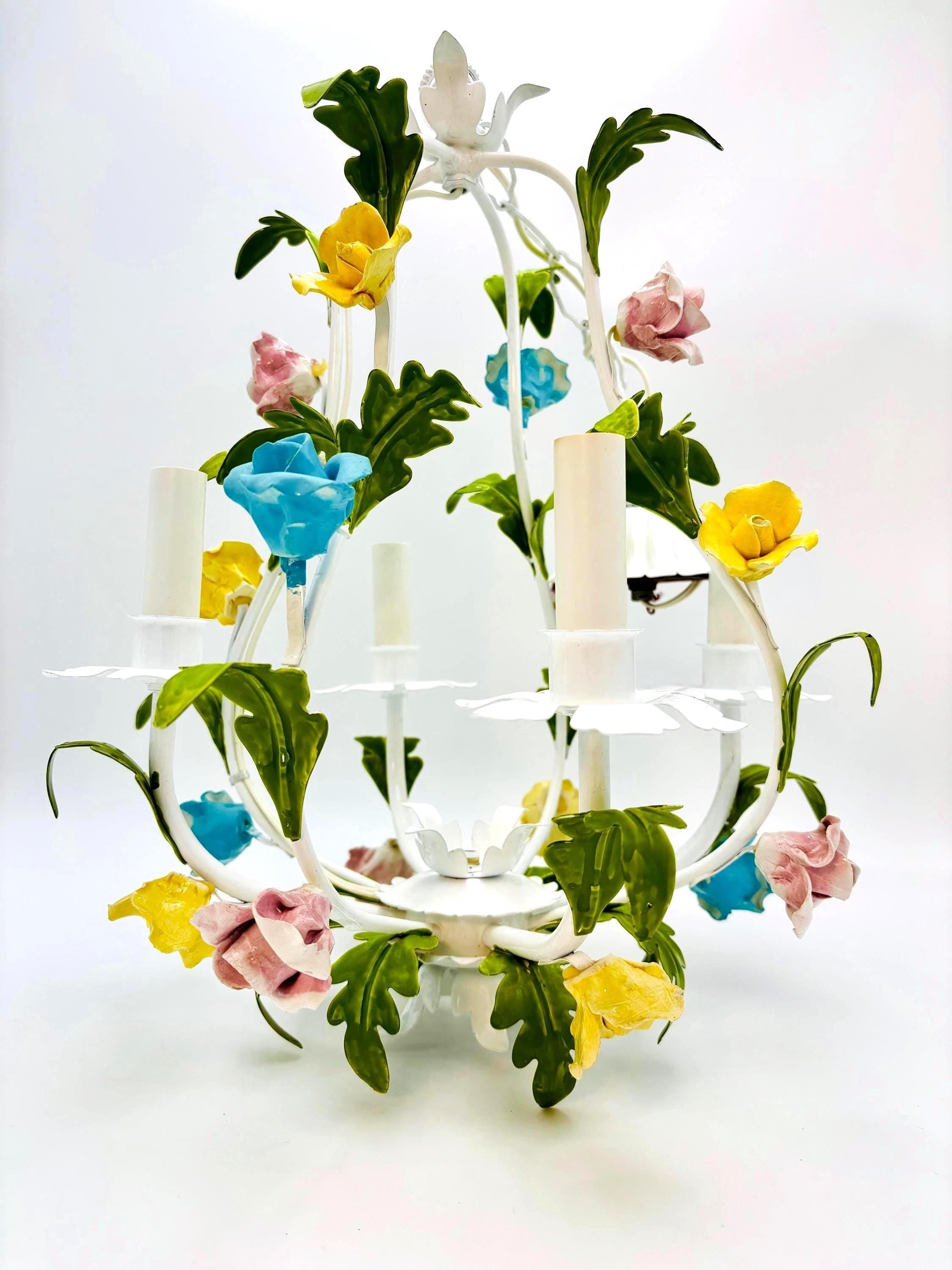 Hand-painted Italian tole chandelier featuring a European garden floral design in pastel colors.