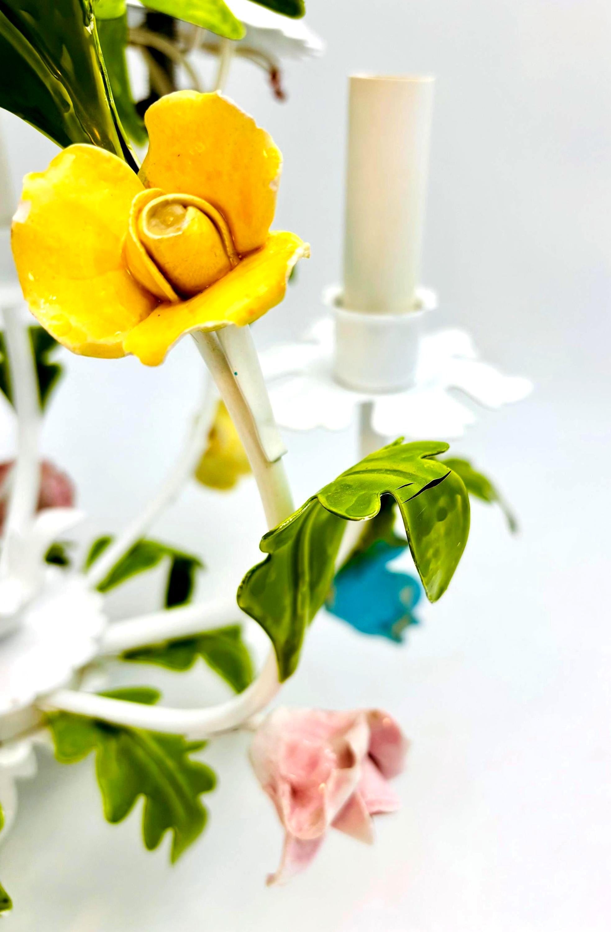 Hand-painted Italian tole chandelier featuring a European garden floral design in pastel colors.