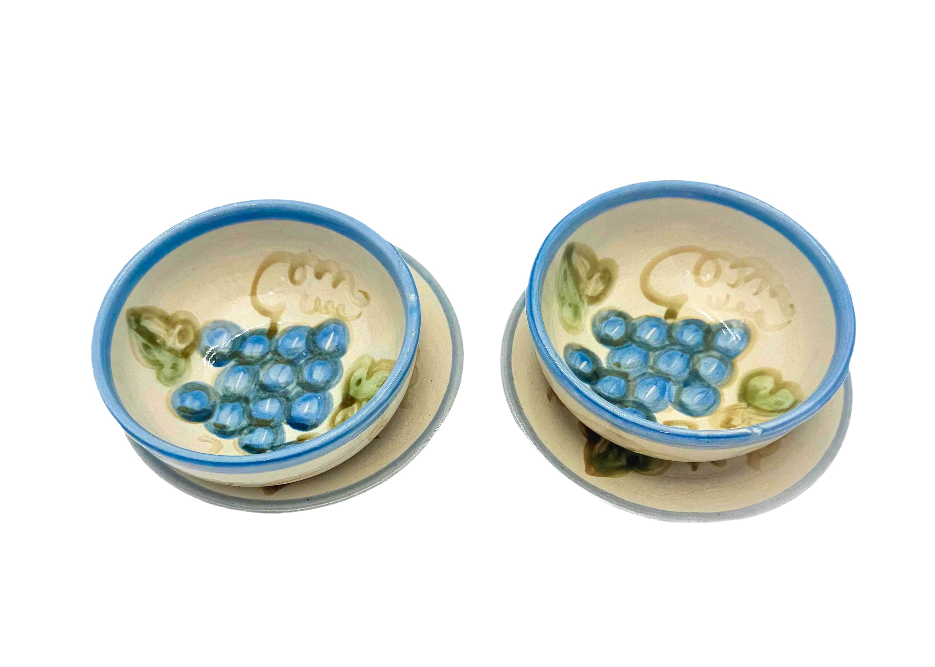 Set of 2 vintage John B. Taylor bowls with matching plates featuring a raised purple grape and leaf design.