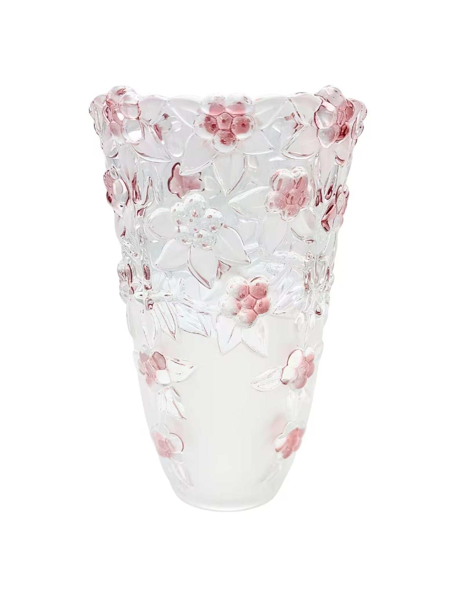 Heavy 9.5-inch crystal statement vase with molded pink blush floral designs.