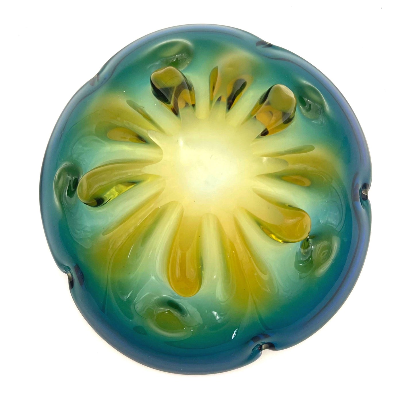 Large vintage art glass bowl with a smooth ombre transition from deep teal green to warm amber.