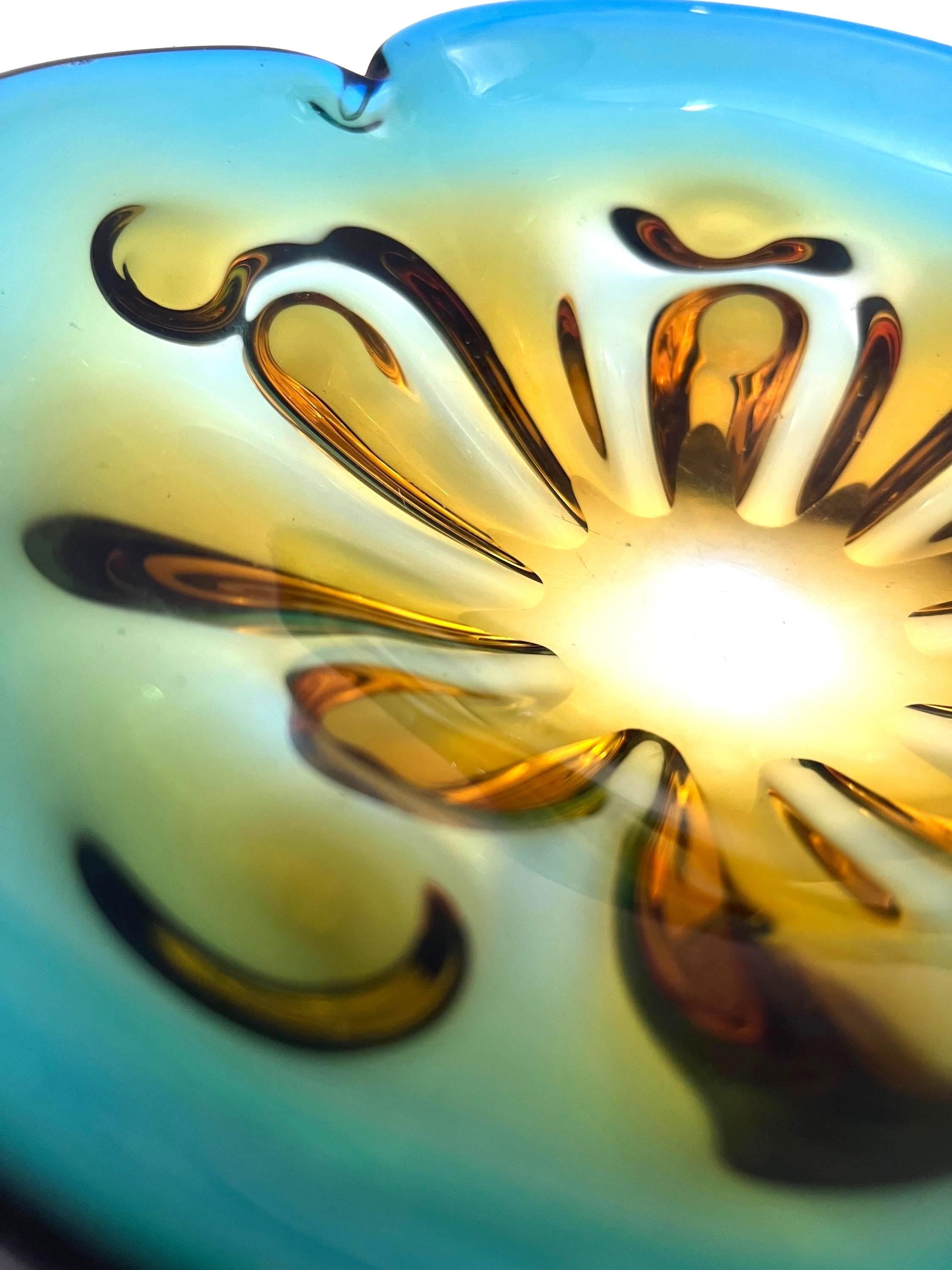 Large vintage art glass bowl with a smooth ombre transition from deep teal green to warm amber.